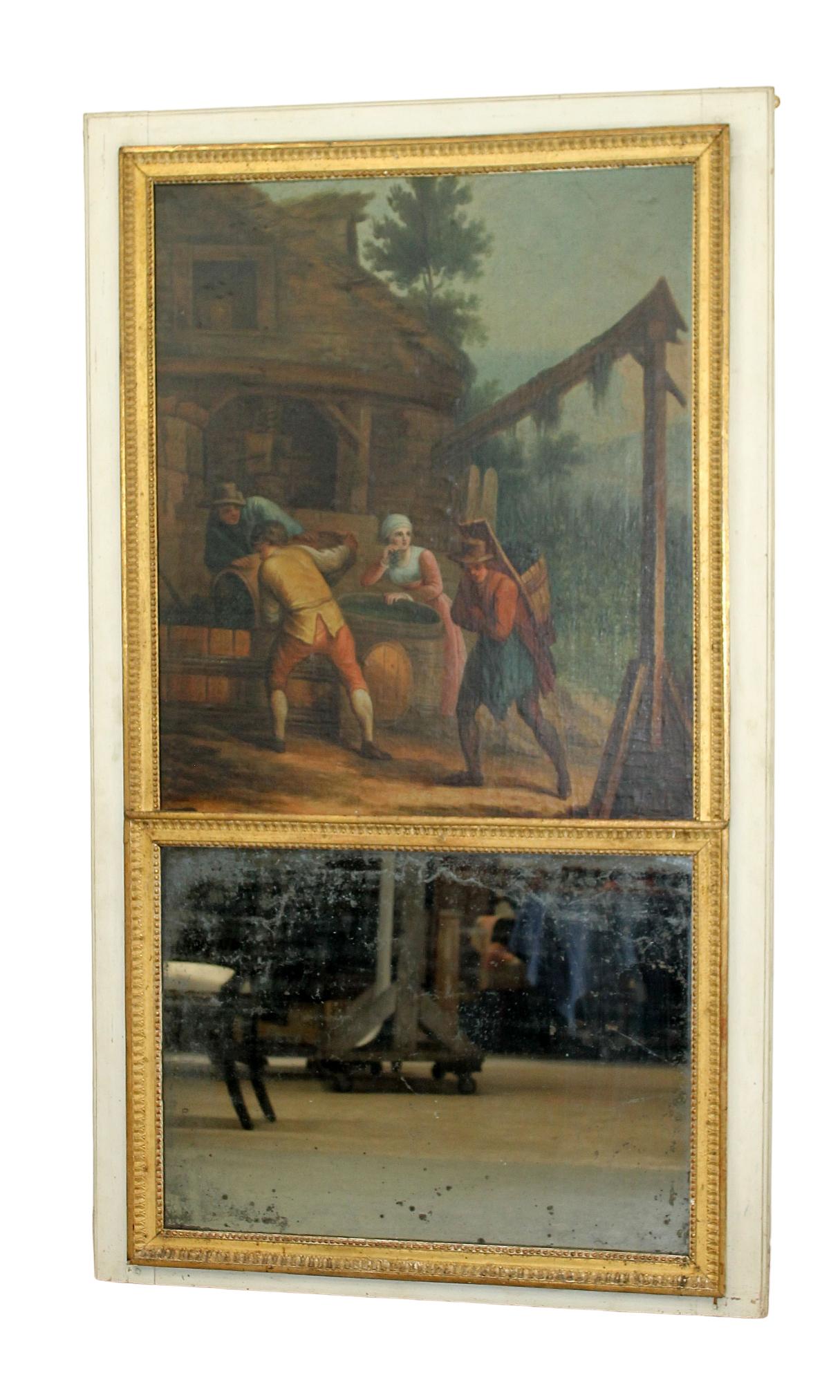 Antique French trumeau mirror with painted harvest scene: Antique French trumeau mirror with painted harvest scene on canvas adhered to board. Late 19th century. 70 1/2"h x 40 1/2"w