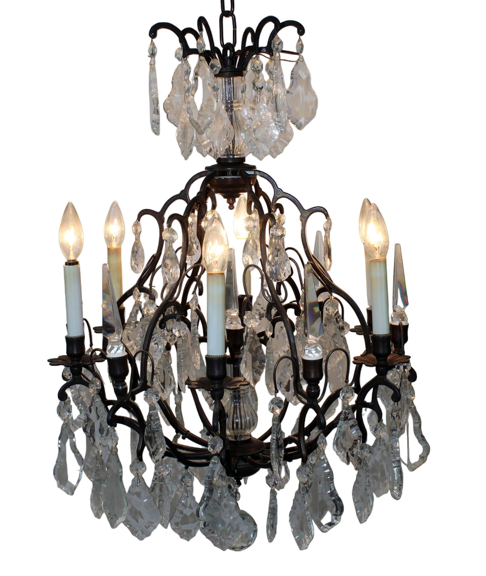 French iron & crystal 6-light chandelier: French iron & crystal 6-light chandelier with crystal prisms. Mid 20th century. 34" h x 20 3/4" diam