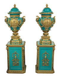 Pair turquoise and bronze lidded urns on matching pedestals