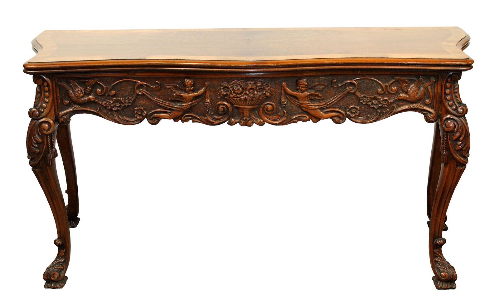 French flip top console table with carved cherubs: French flip top console table with carved cherubs. Top opens to a table. Early 20th century. 31"h x 59"w x 20"d, opens to 40" d