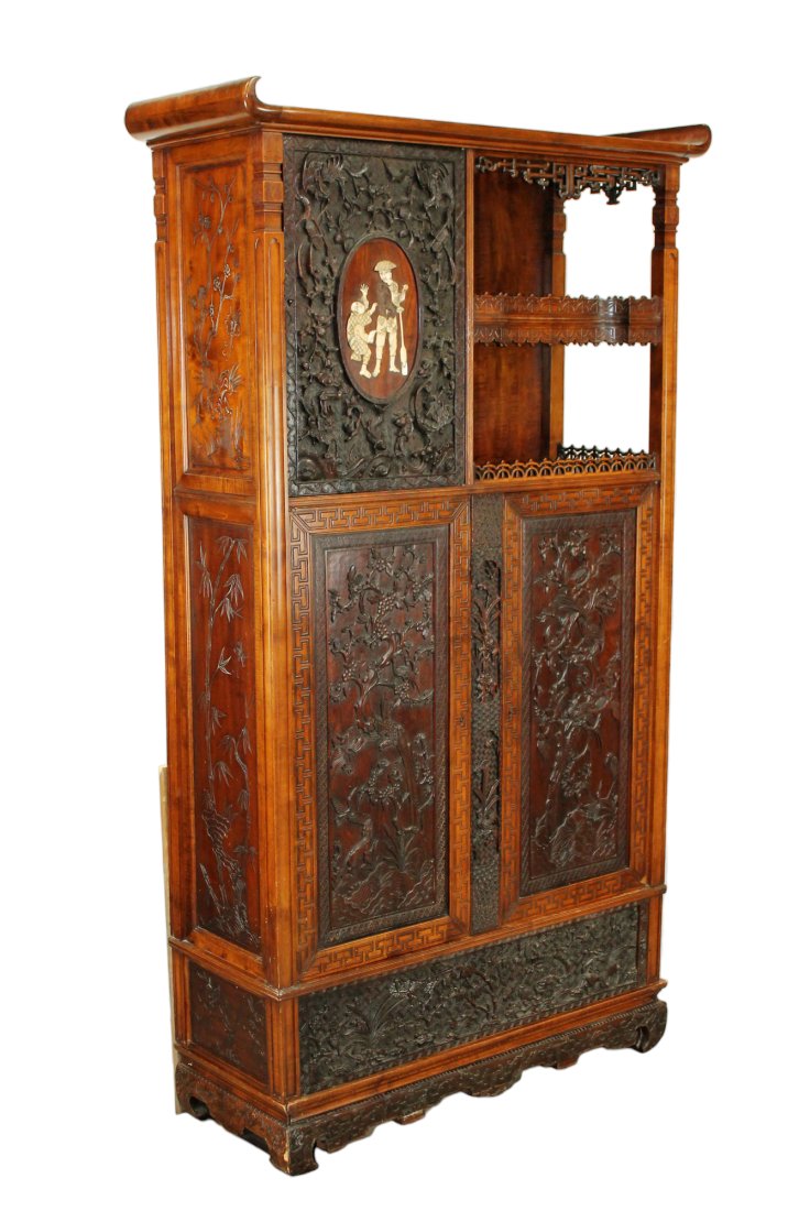 Japanese heavily carved Shodana cabinet with oval plaque: Japanese Meiji Period heavily carved Shodana cabinet with oval plaque. 75 1/4"h x 42 1/4"w x 16:"d
