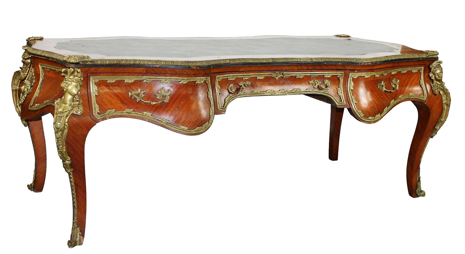 Huge Louis XV style Versailles bureauplat desk: French Louis XV bureau plat desk after Treaty of Versailles desk. Mahogany with ormolu mounts, bronze caryatids and leather writing surface. Mid 20th century. 33"h x 85"l x 39"d