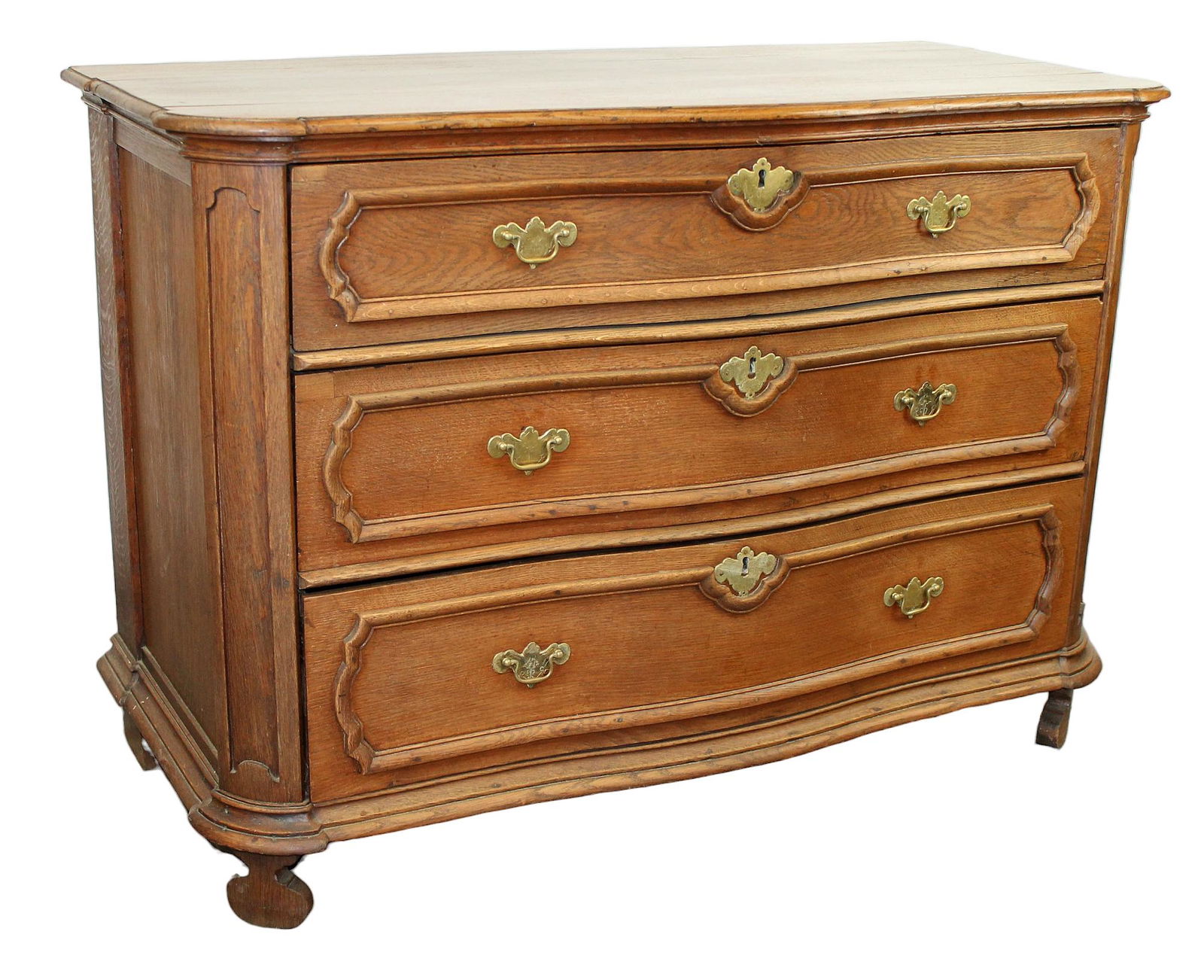 French oak 3 drawer commode: French oak 3 drawer commode. 19th century. 34"x 48"w x 22"d