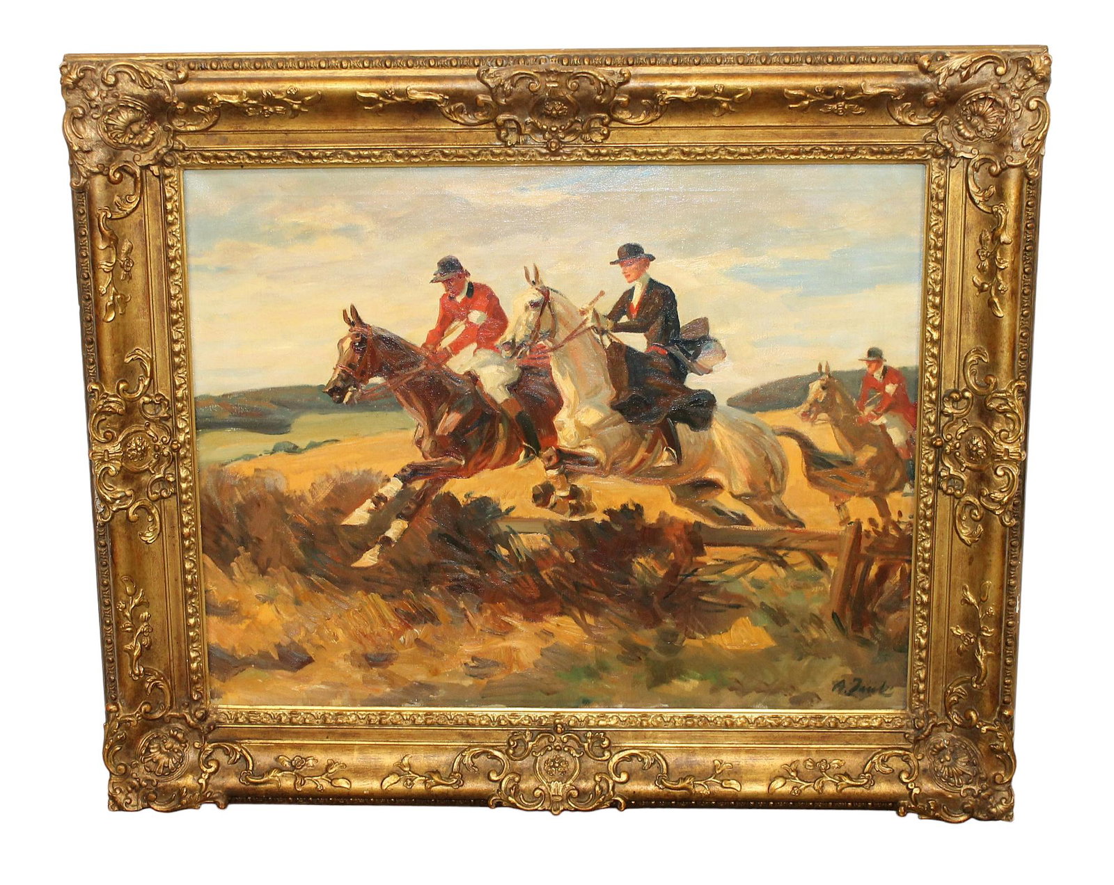 Angelo Jank (1868-1940) Oil on canvas painting English hunt scene: Oil on canvas of English hunt scene in gilt frame, signed l/r A. Jank (Angelo Jank, 1868 - 1940) Overall: 37 3/4" h x 45 1/2" w Sight size: 27" h x 35" w