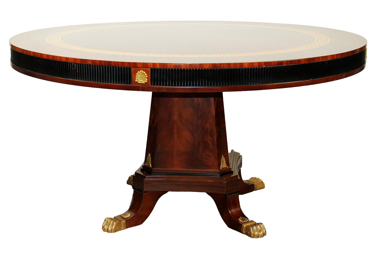 Empire style round foyer table with Greek key border: Empire style round mahogany foyer table with Greek key border on pedestal base with paw feet. Late 20th century. 30"x 59" dia