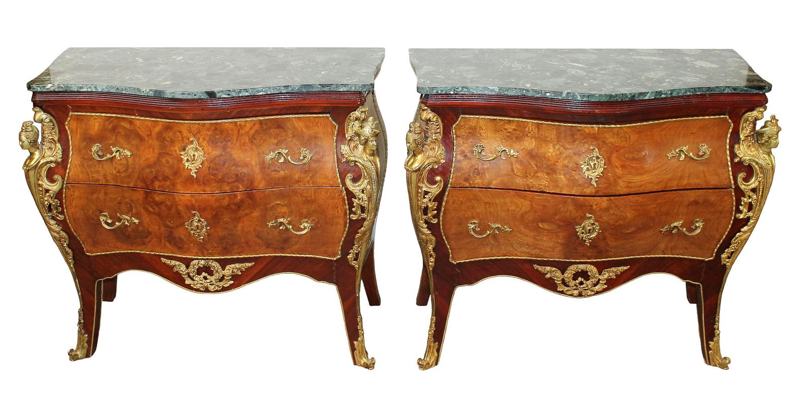 Pair of Louis XV style marble top bombe commodes: Pair of Louis XV style marble top bombe commodes with bronze figural decoration. Late 20th century. 35 3/4"x 39 1/2"w x 16 1/2"d