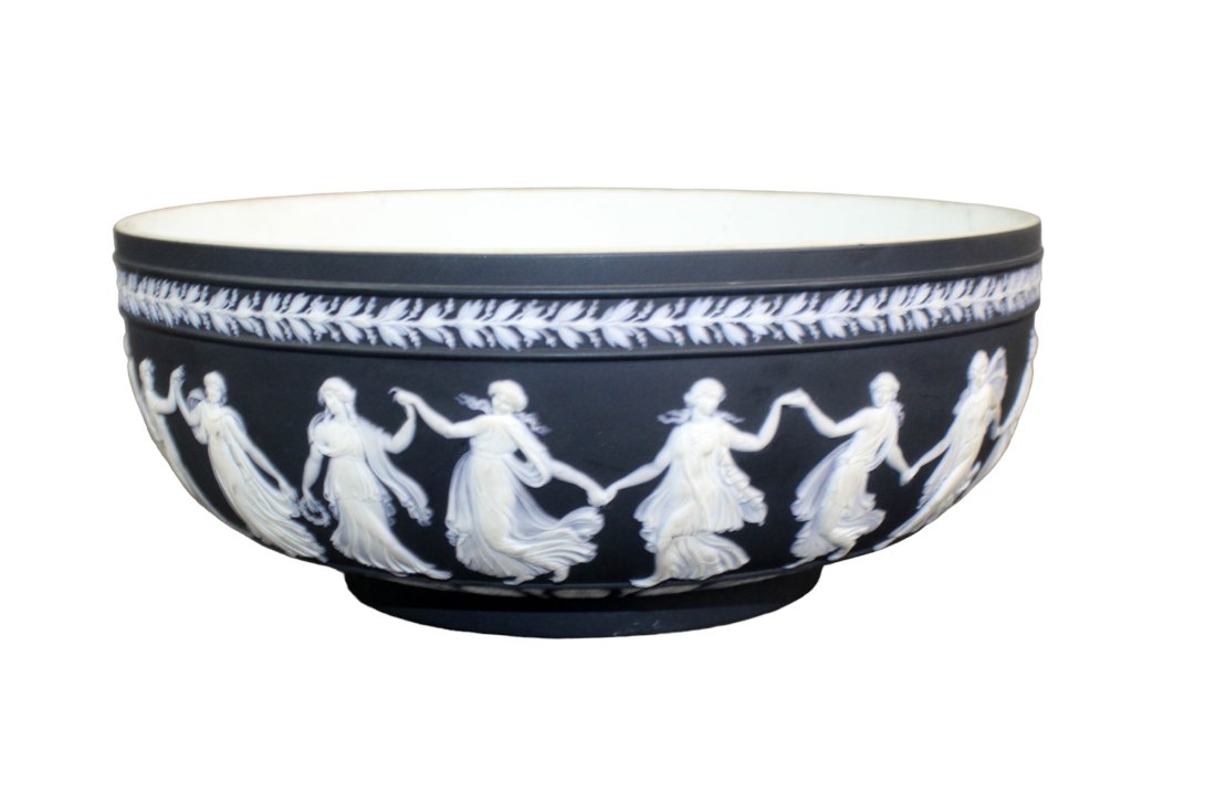 Wedgwood Black Jasperware "Dancing Hours" centerpiece bowl: Wedgwood "Dancing Hours" black Jasperware centerpiece bowl. Made in England. 4 1/4" h x 10 1/4" diam