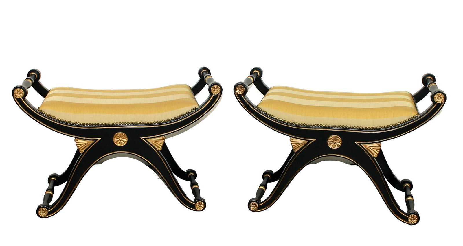 Pair of Casa Stradivari Regency style benches: Pair of Casa Stradivari Regency style benches in painted ebony and gold finish. Modern. 23 1/2"h x 34 1/2"w x 17 1/4"d, seat height 20 3/4"h
