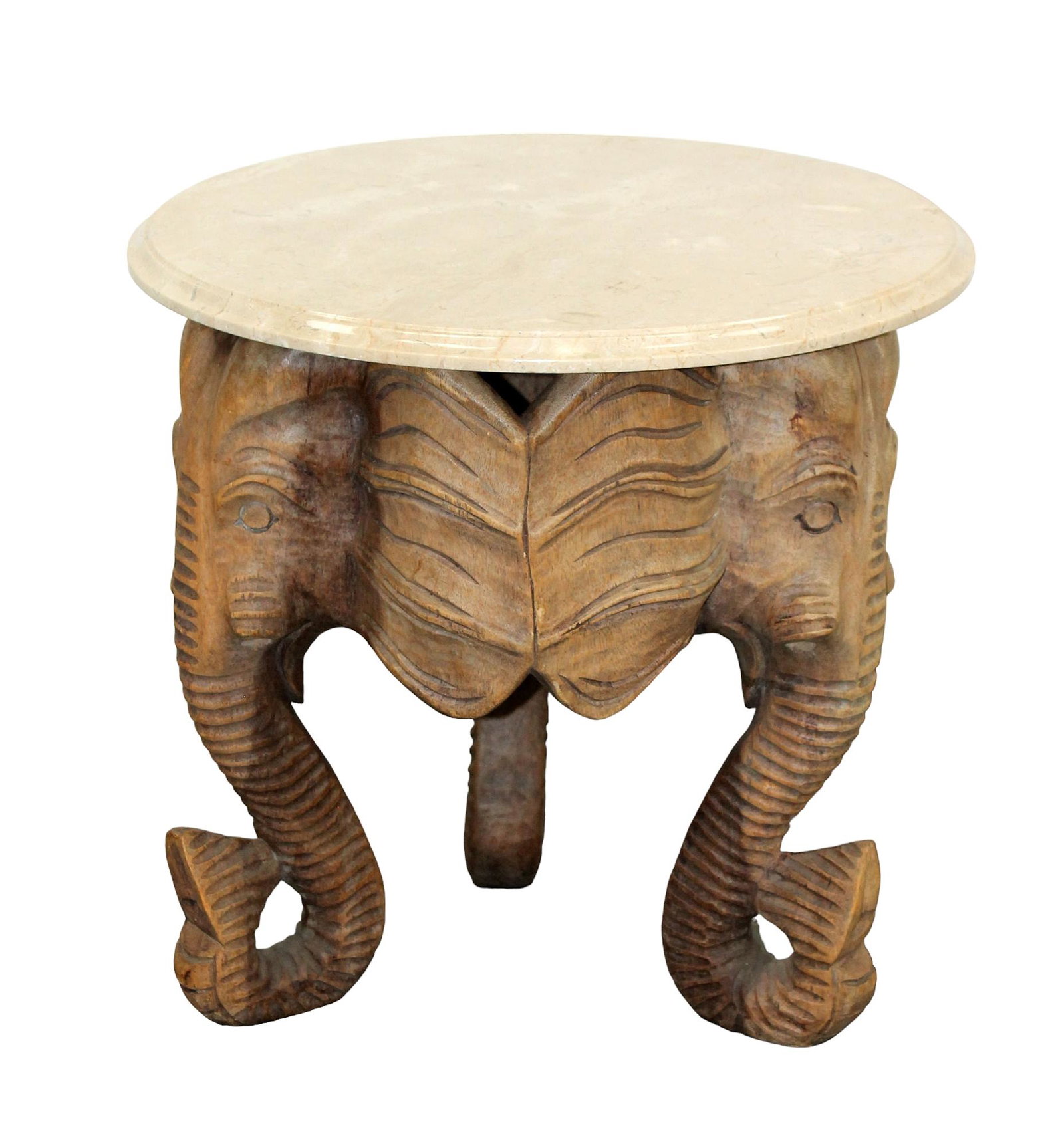 Carved teak triple elephant form side table: Carved teak triple elephant form side table with marble top. Late 20th century. 19 1/2"h x 20 1/2" dia