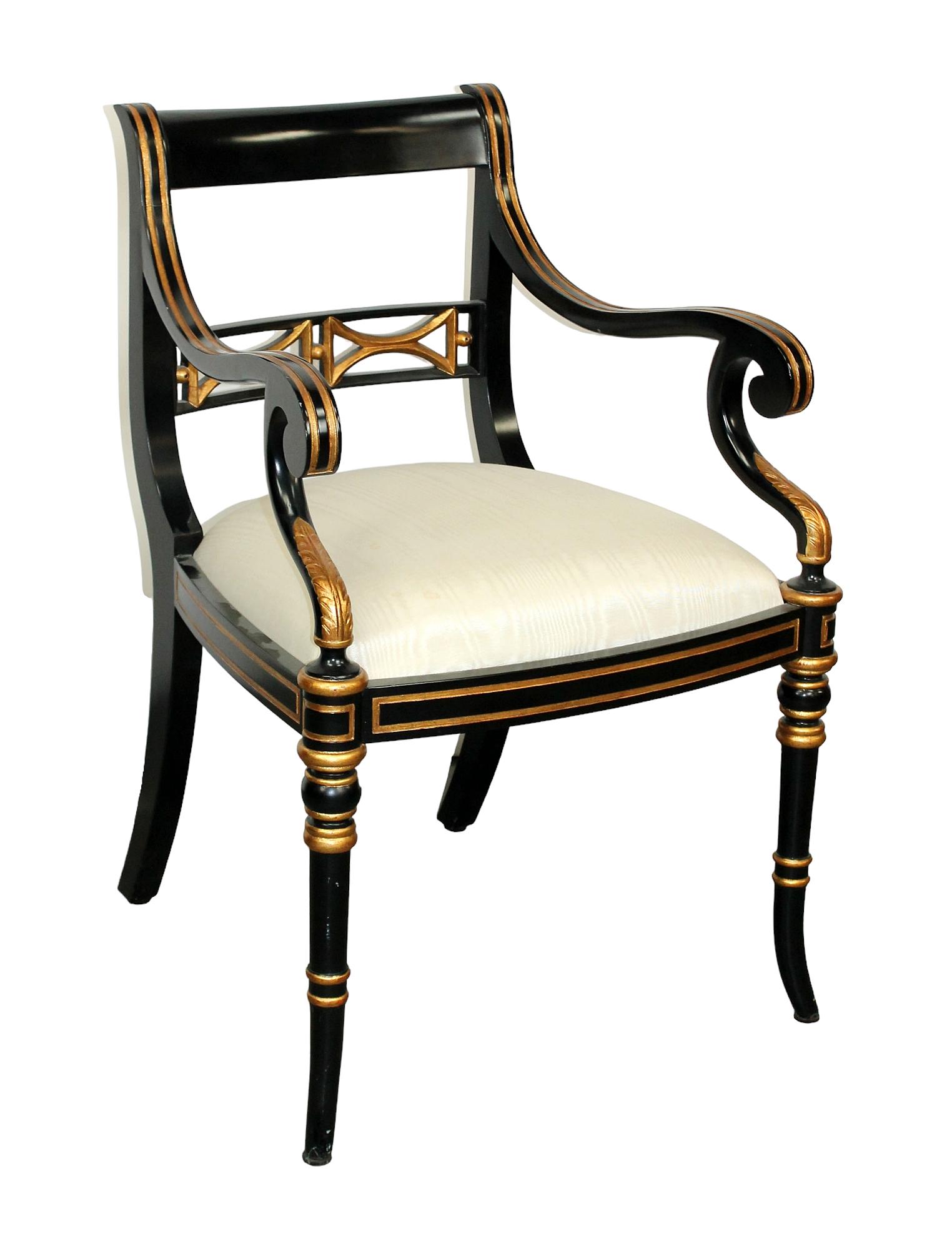 Maitland Smith ebonized Empire style armchair: Maitland Smith ebonized Empire style armchair with gold painted accents. Late 20th century. 33"h x 23"w x 20"d, seat height 20"