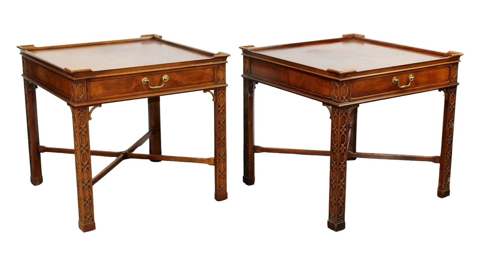 Pair Baker Chippendale style mahogany side tables: Pair of Baker Furniture Chippendale style mahogany side tables. Late 20th century. 25"h x 26 1/4" sq