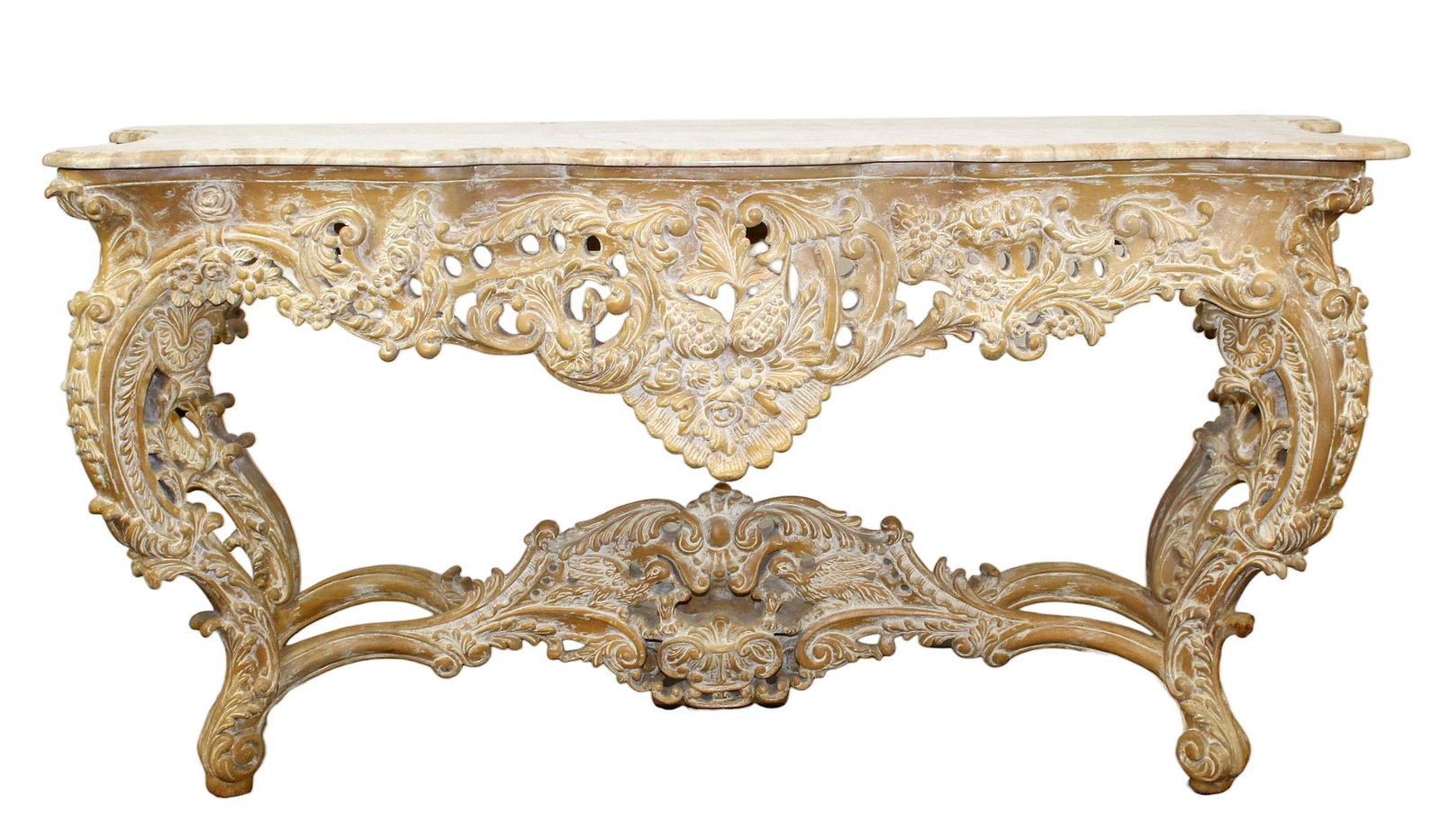 Pierce carved and painted console with marble top: Rococo style pierce carved and white washed console table with marble top. Late 20th century. 35 1/4"h x 72 1/2"w x 26"d