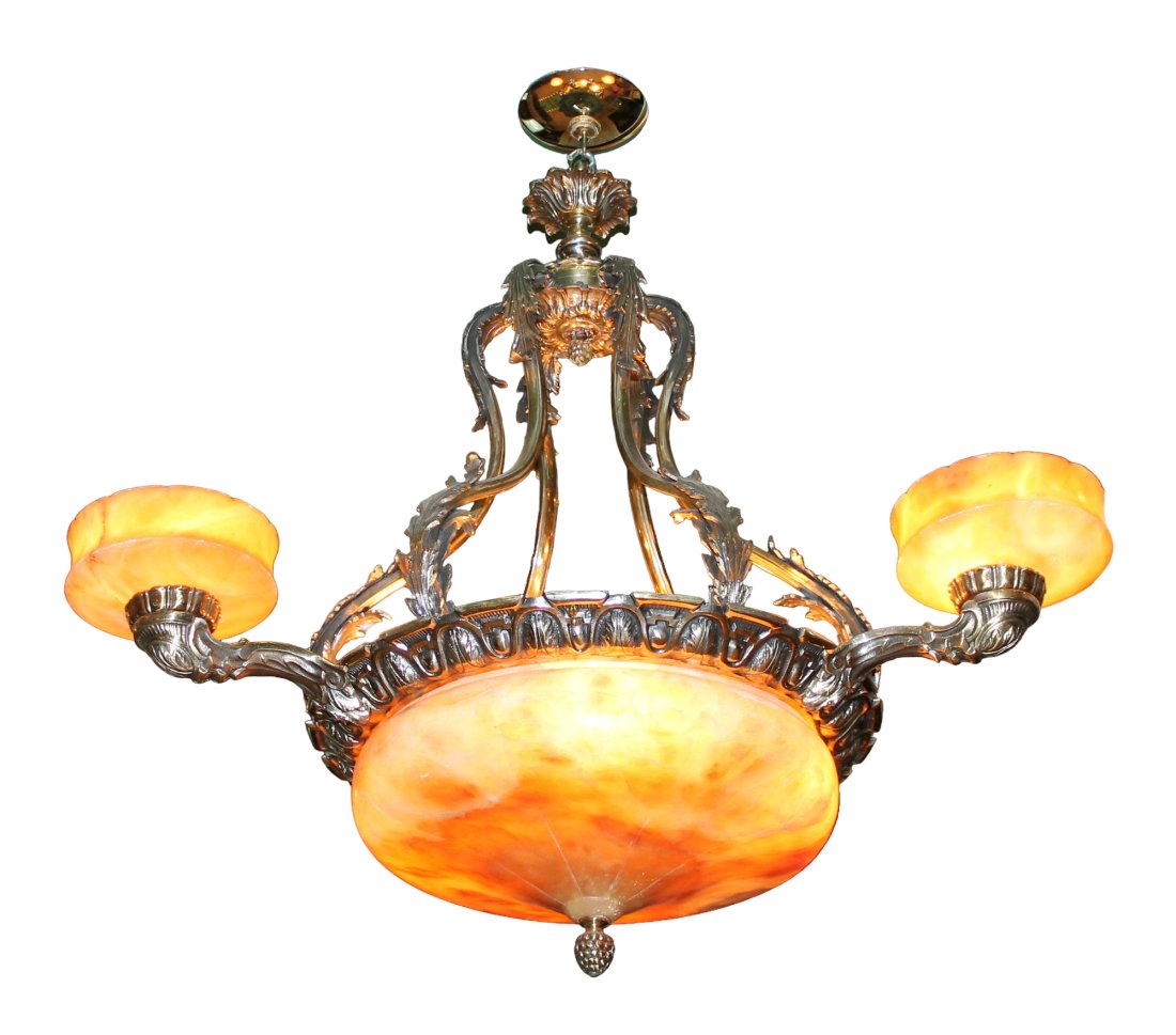 3-arm bronze & alabaster chandelier: 3-arm bronze & alabaster chandelier. Approx 32"h x 30" dia