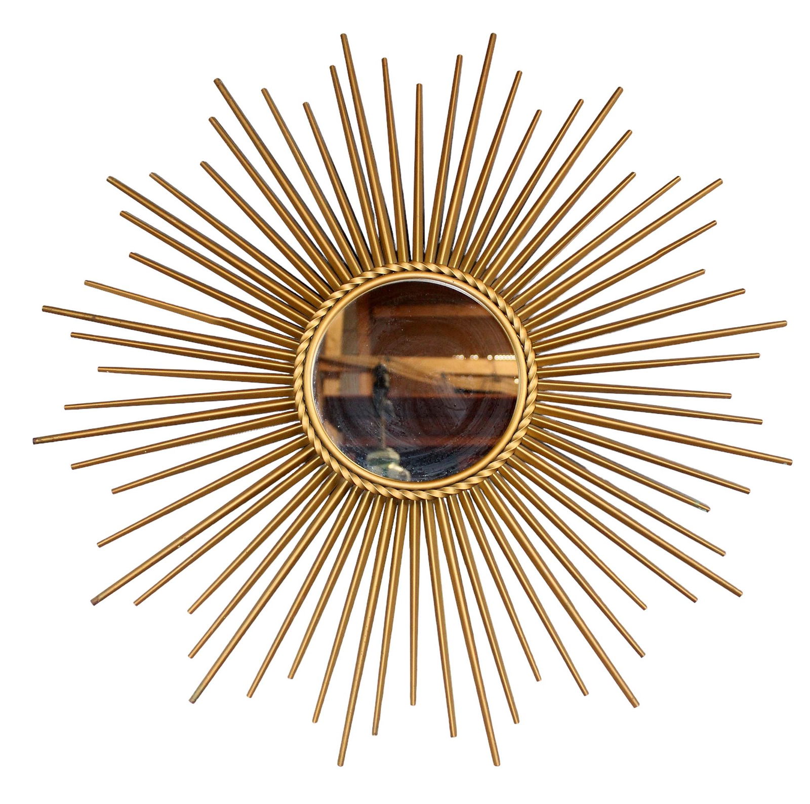 French Chaty Vallauris gilt metal sunburst mirror: French Chaty Vallauris gilt metal sunburst mirror. Circa 1970's. 28" diam