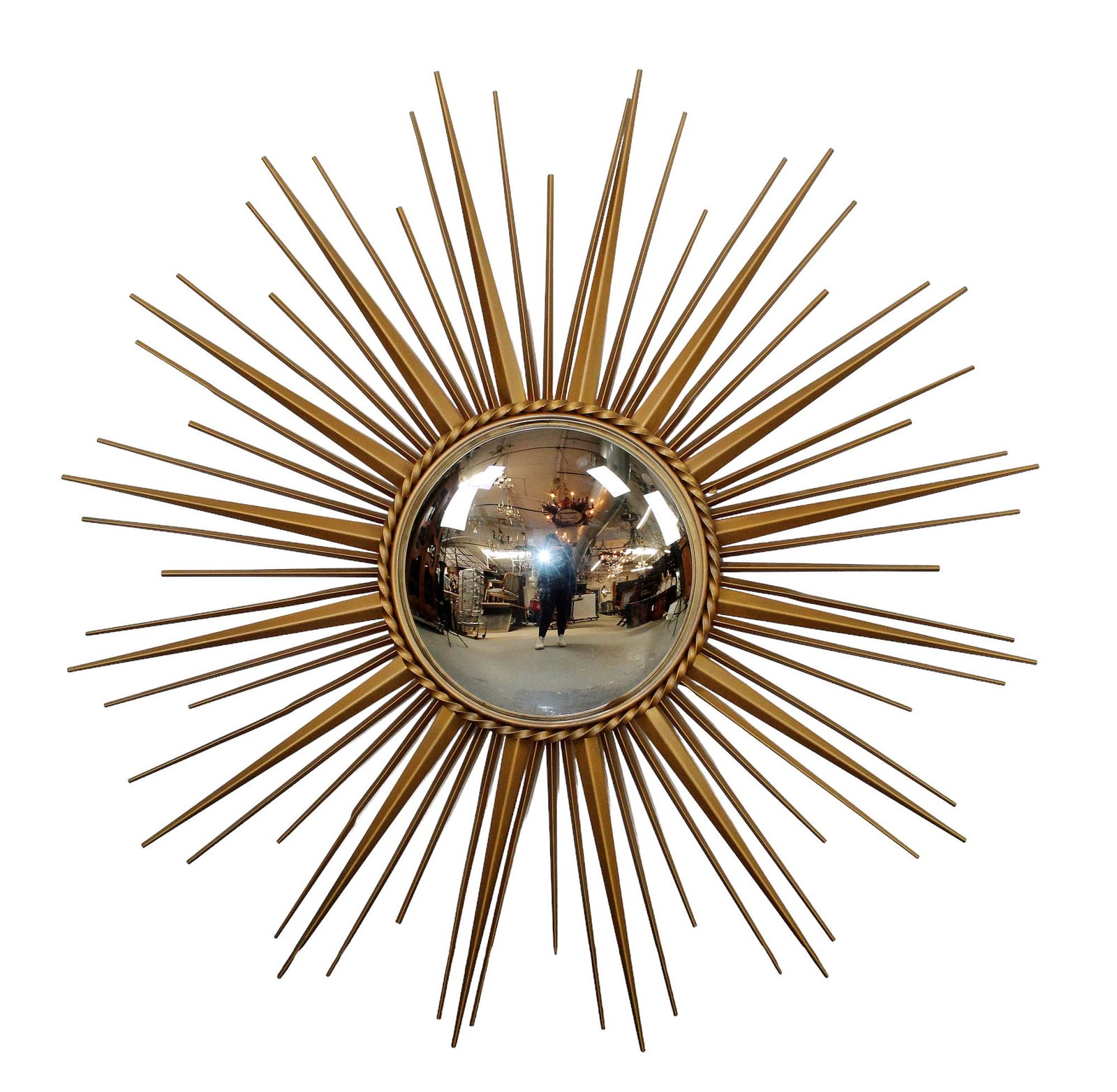 French gilt metal sunburst mirror with convex glass: French gilt metal sunburst mirror with convex glass. Circa 1970's. 37" diam