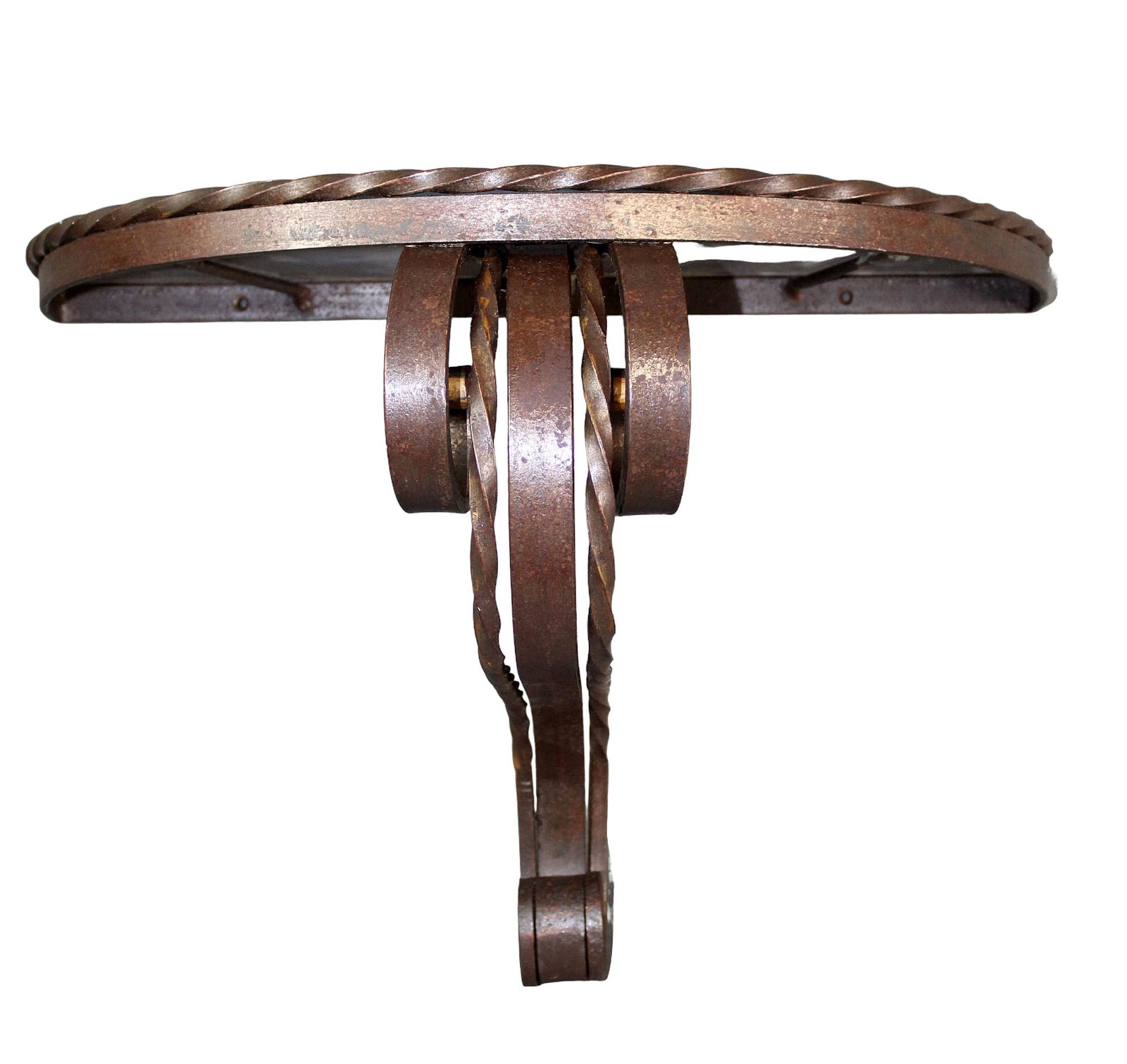 Art Deco wrought iron demi-lune wall mount console: Art Deco wrought iron demi-lune wall mount console with mirror top. Mid 20th century. 15" h x 21" w x 12 1/2" d (approx)