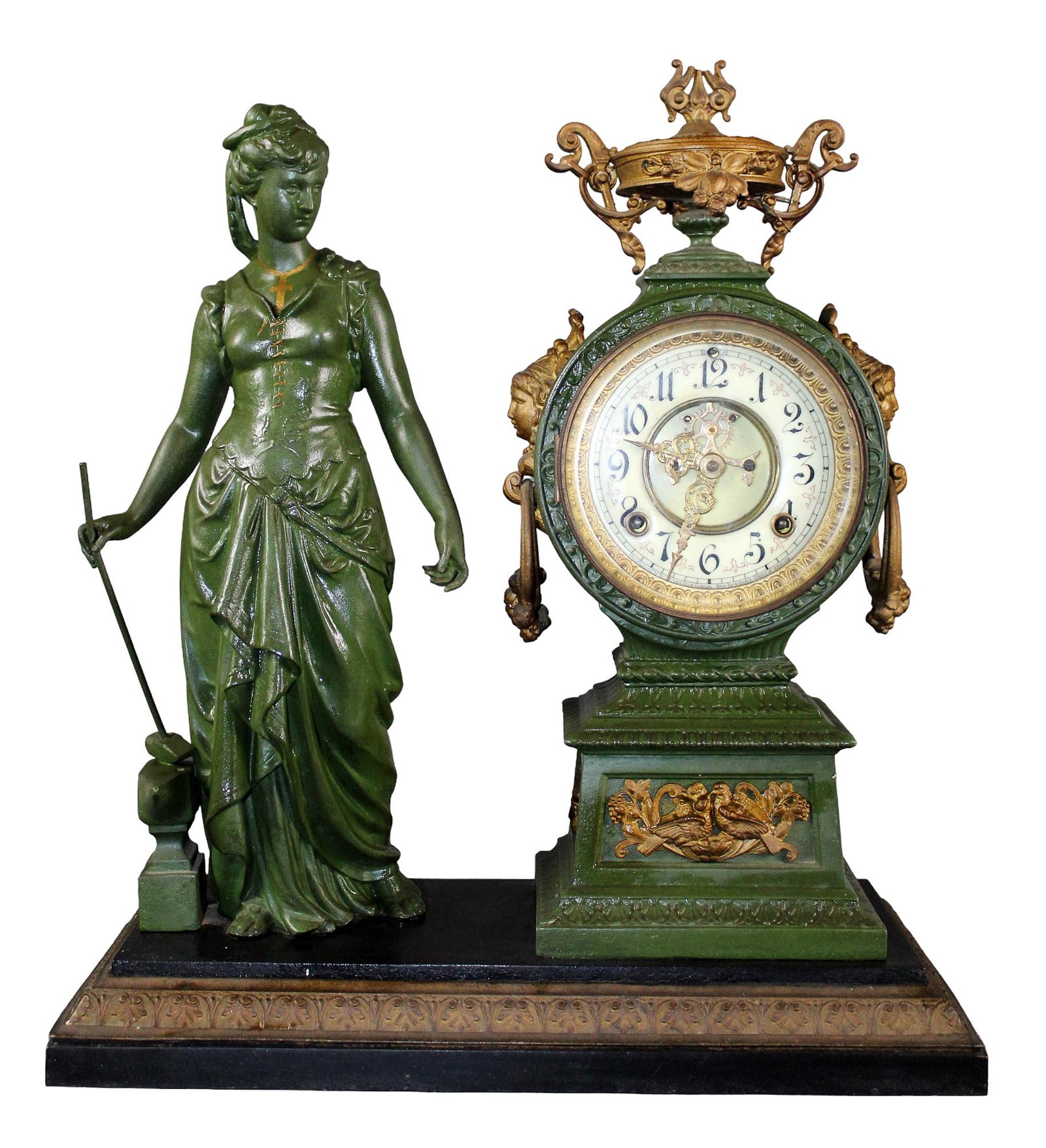Antique Ansonia cast iron figural mantel clock: Antique Ansonia cast iron figural mantel clock 19 1/4" h x 17" w x 6 3/4" d
