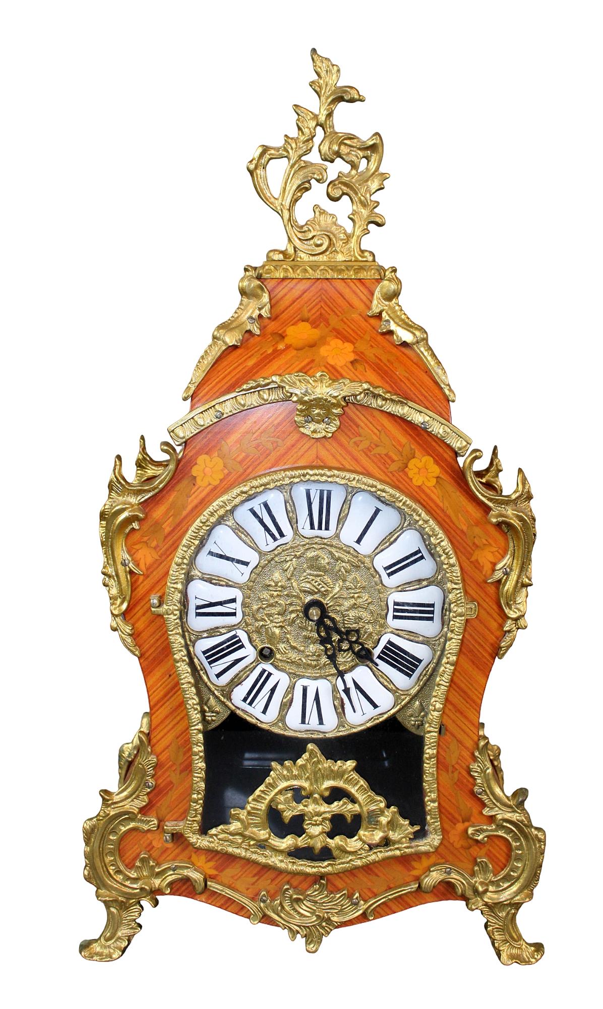 Italian marquetry mantel clock: Italian marquetry mantel clock. Movement marked Gallo Ippolito, Italy. Late 20th century. *Winding key included* 22 1/2" h x 12" w x 6" d