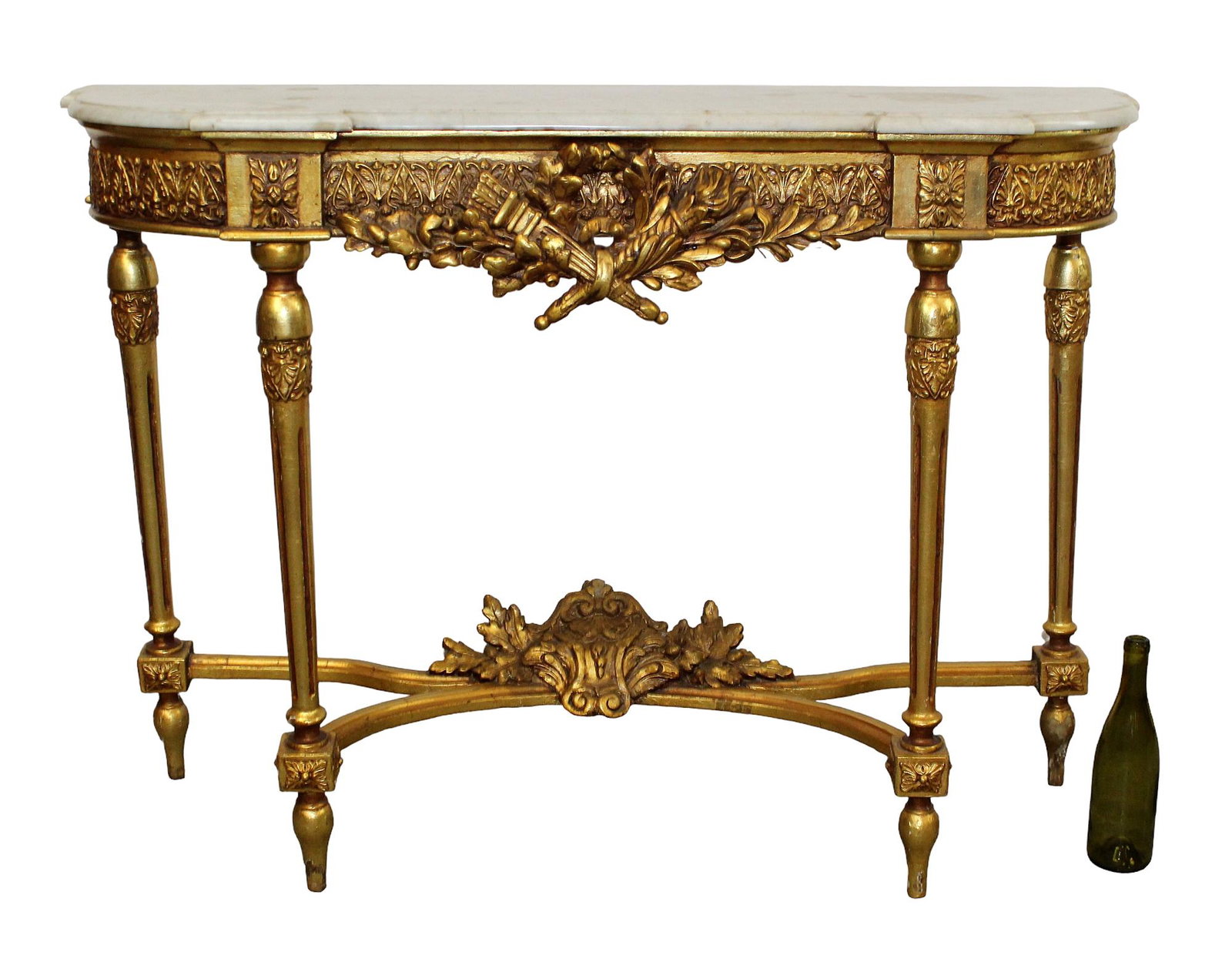 Louis XVI style gilt console table with marble top: Louis XVI style gilt console table with marble top. Mid 20th century. 37" h x 50 1/2" w x 16 1/2" d