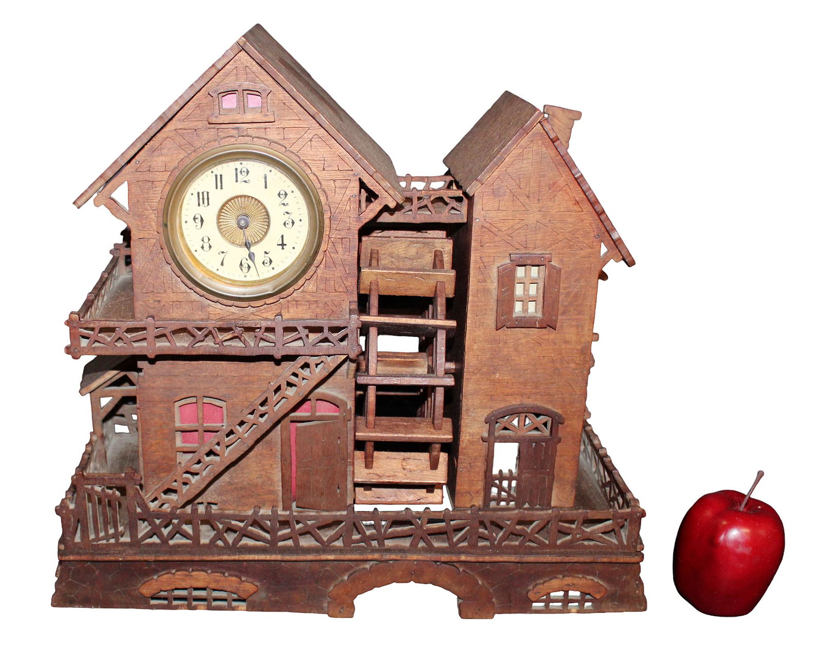 Swiss Black Forest water mill clock: Swiss Black Forest water mill clock water mill clock. Clock movement marked S. Marti. Early 20th century. 16 3/8"h x 17 1/2"w x 7 1/8"d