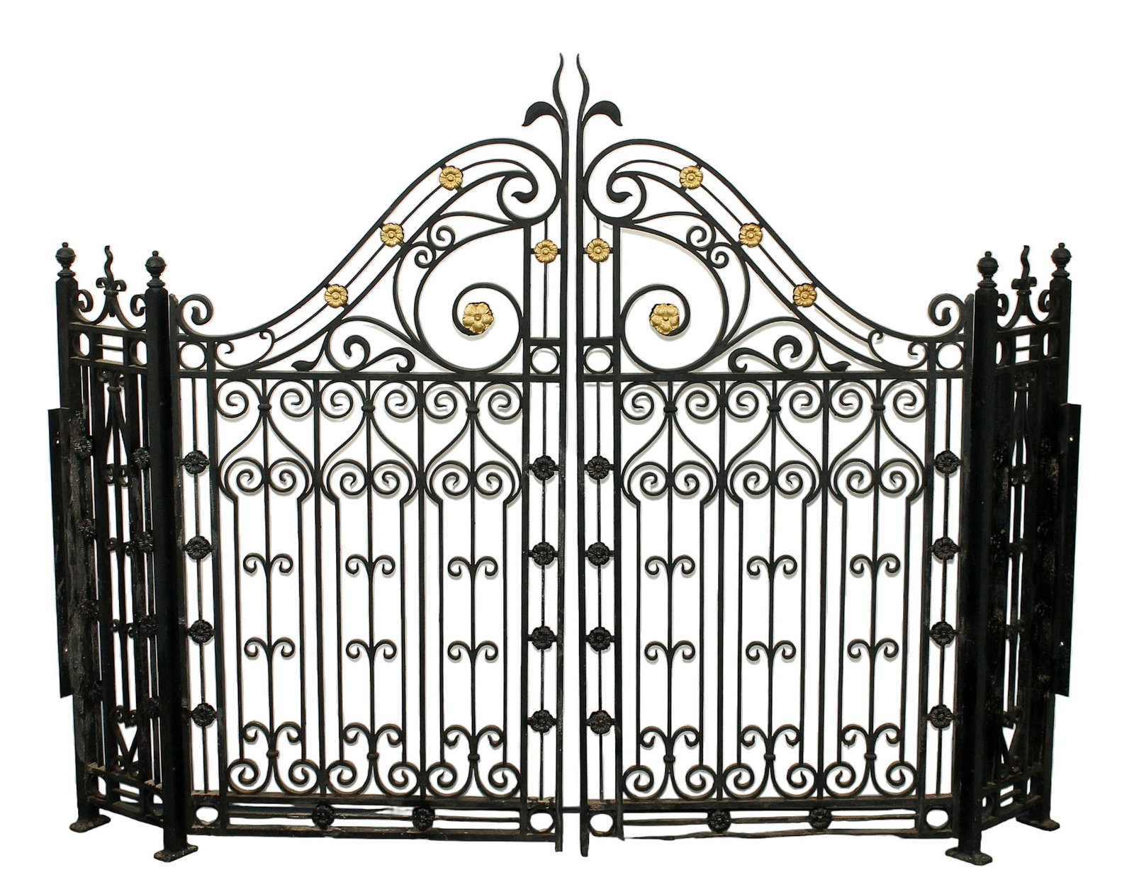 Pair of French wrought iron garden gates with side panels: Pair of French wrought iron garden gates with side panels. Mid 20th century. Each side measures 62"h x 42"w