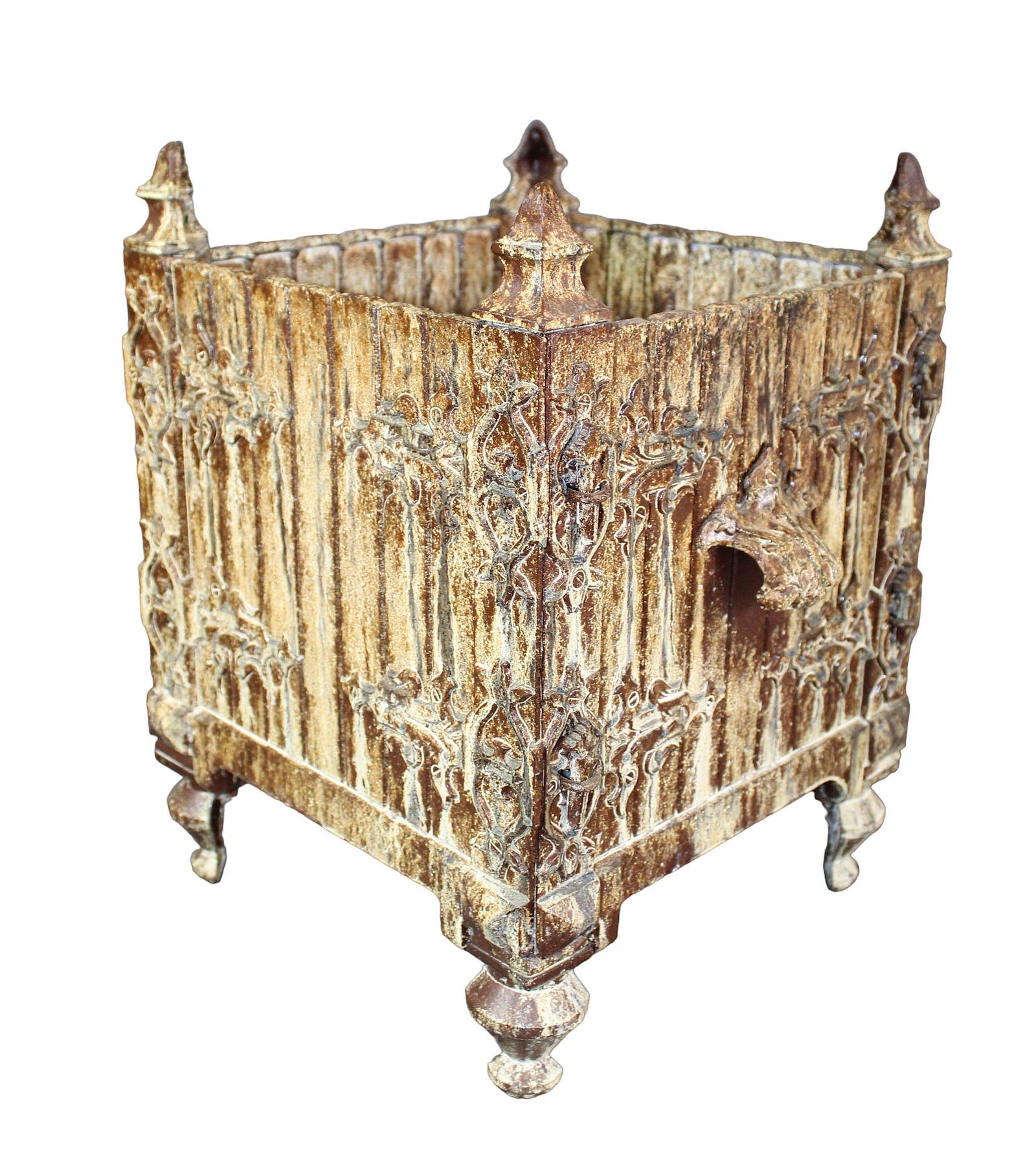 French Charleville square planter box: French Charleville cast iron square planter box 15 3/4" h x 12" w x 14 1/4" d (approx)