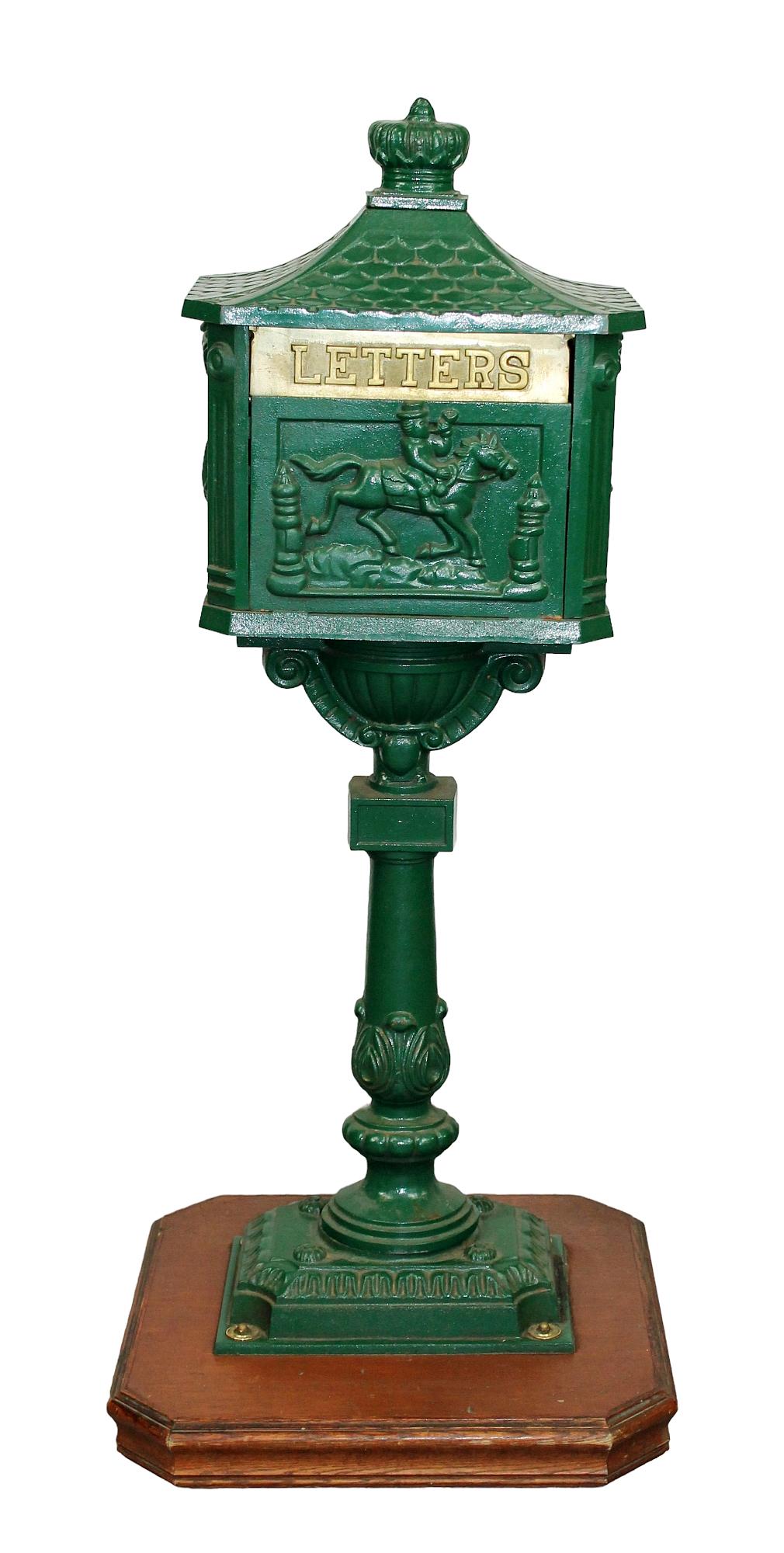 Victorian style painted cast iron mailbox on pedestal stand: Victorian style painted cast iron mailbox on pedestal stand. Late 20th century. 45"h x 16"w x 10"d