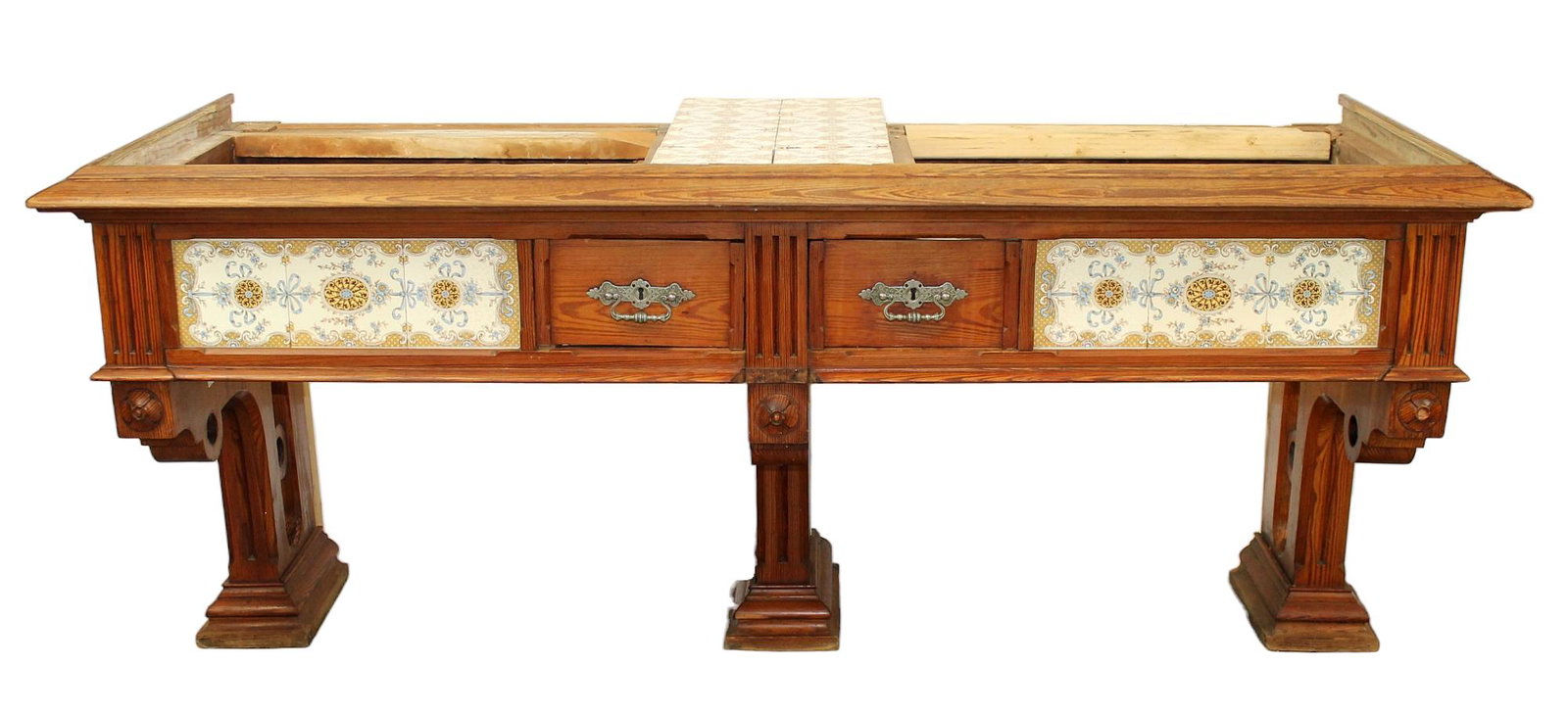 French Arts & Crafts pine double sink cabinet base with tiles: French Arts & Crafts pine double sink cabinet base with tile border. 32 1/4"x 78 3/4"w x 28"d