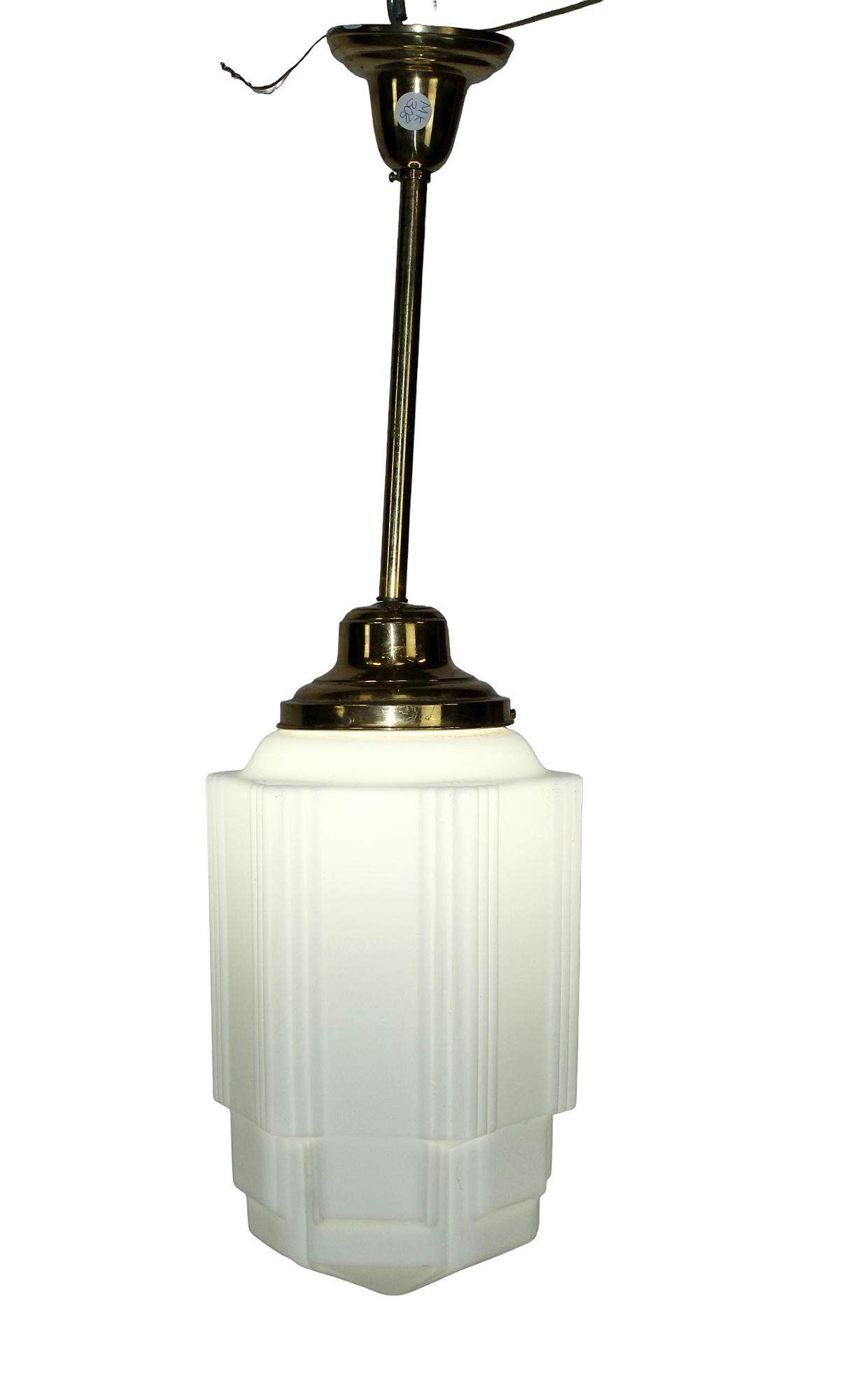 Deco brass & milk glass theatre pendant light: Deco brass & milk glass theatre pendant light. 33"h x 10"w
