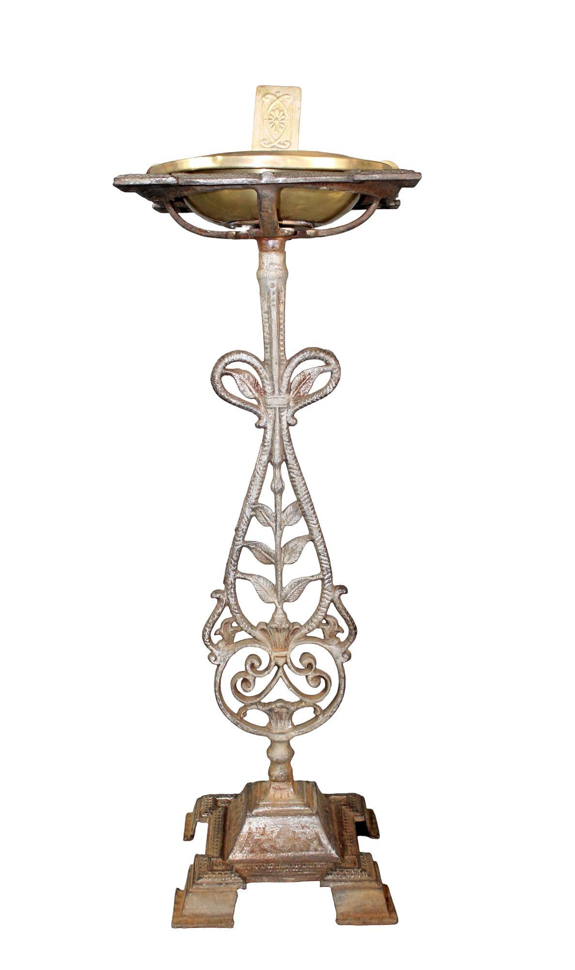 Arts & Crafts iron smoking stand: Arts & Crafts iron smoking stand with brass ashtray insert 25" h x 7 7/8" sq.