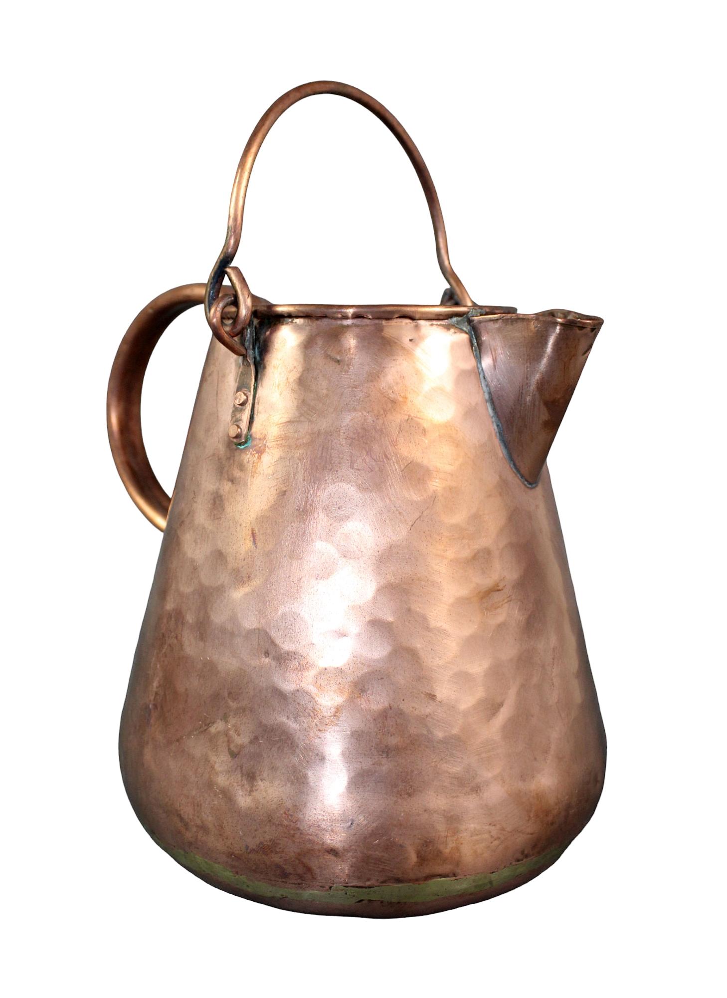 Antique French hammered copper coffee pot: Antique French hammered copper hanging coffee pot 9" h x 10" w x 7 3/4" diam at base