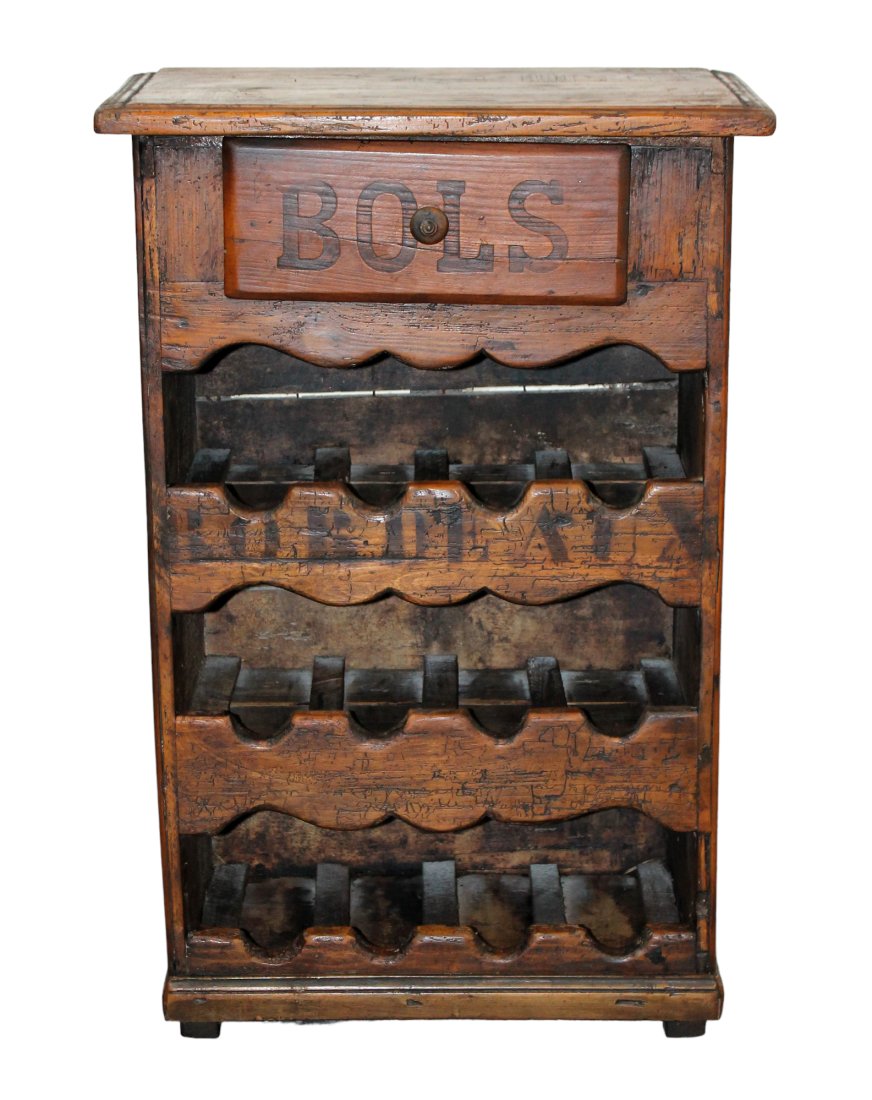 French pine side table wine rack marked Bols: French pine side table wine rack marked Bols. 32"x 21"w x 11 1/2"d