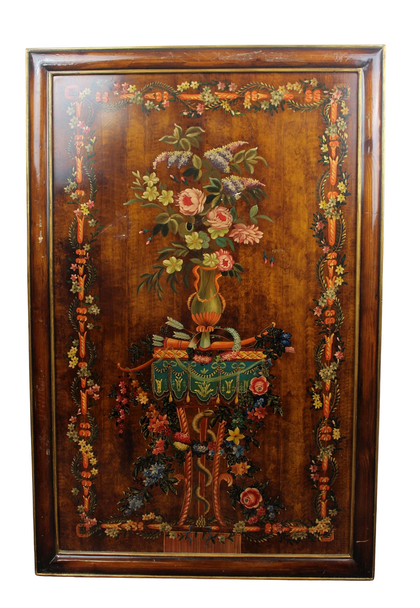 Painted wooden panel with flowering urn: Painted wooden panel with flowering urn. Modern. Overall: 52 1/2" h x 34 3/8" w