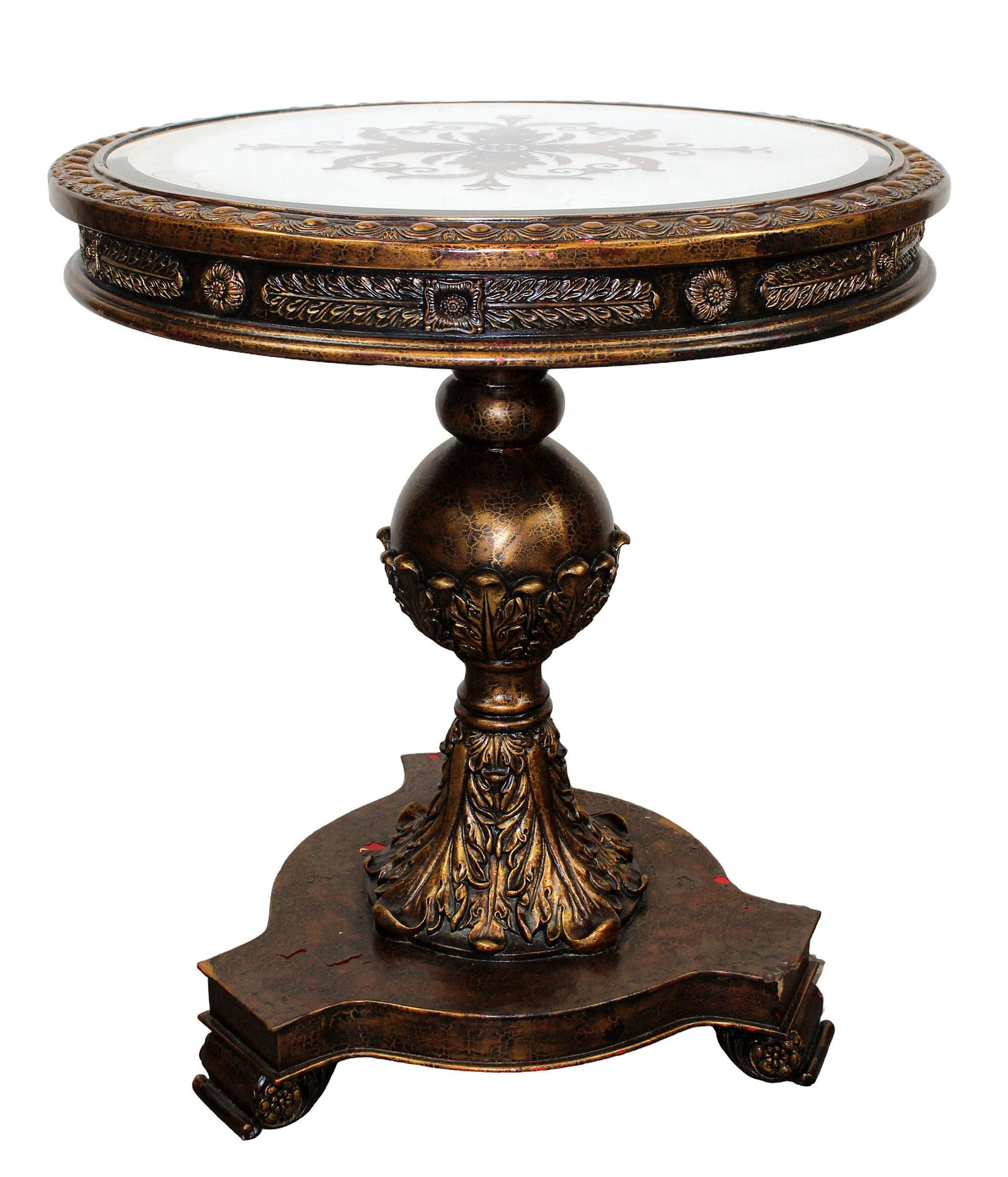 Pedestal base round table with mirrored top: Pedestal base round table with reverse painted mirror top. Modern. 31 1/2" h x 28" diam