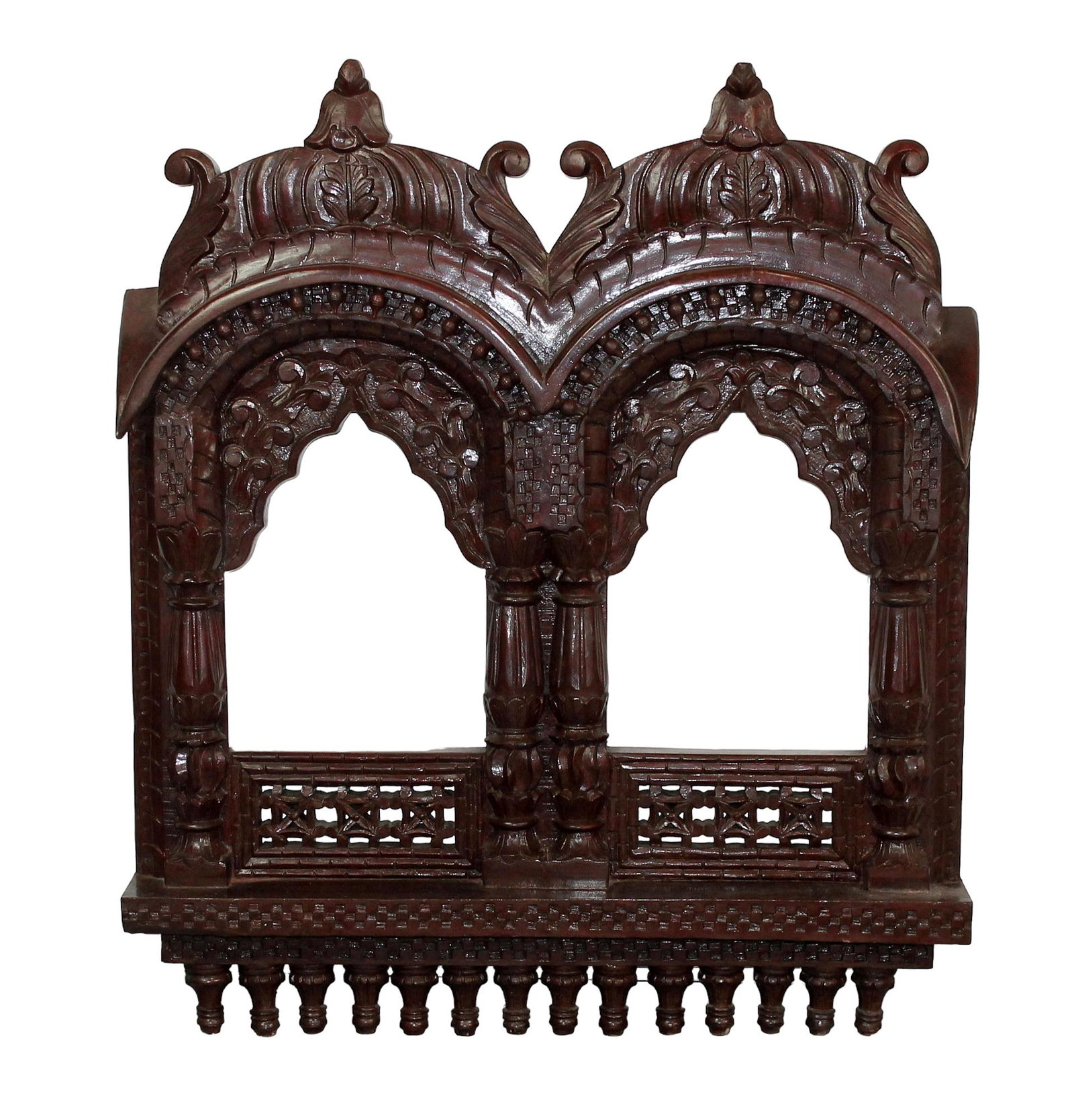 Indonesian relief carved and painted wooden window: Indonesian relief carved and painted wooden window frame. 38 1/2"x 33"w x 4"d