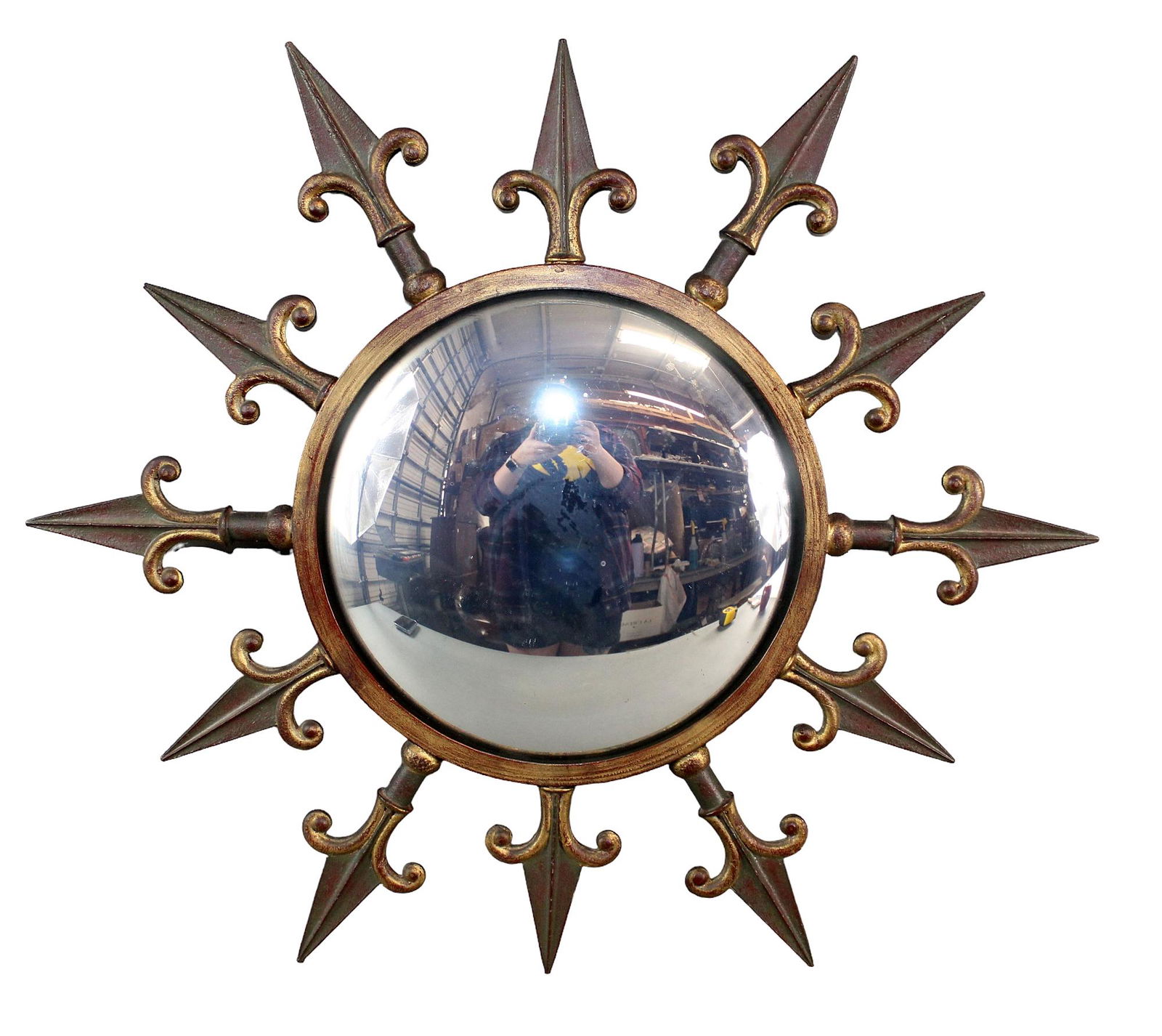 Iron sunburst mirror with convex glass: Iron sunburst mirror with convex glass. 26" diam