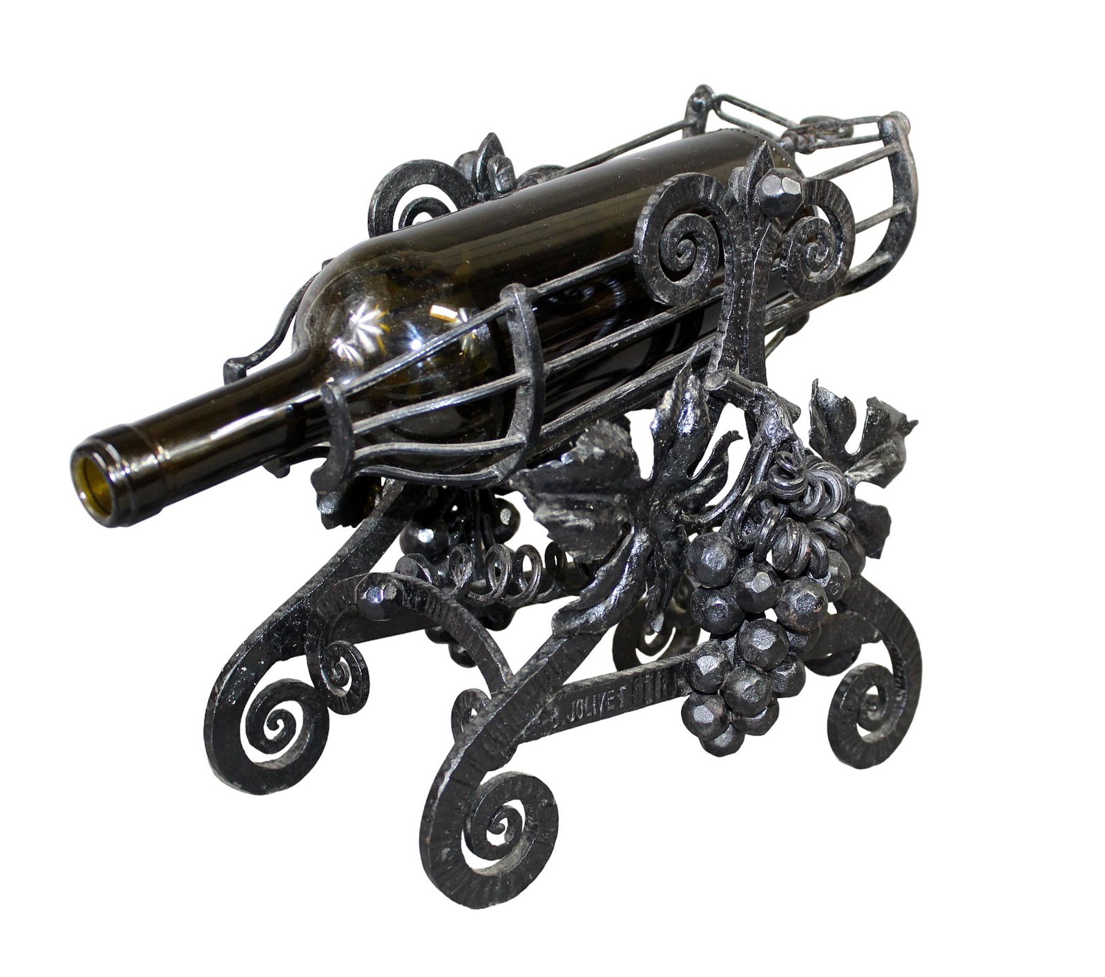 French wrought iron wine bottle holder: French wrought iron mechanical wine bottle holder server with grape vines. Mid 20th century. 10 1/2" h x 9 1/4" w x 11 1/2" d (approx)