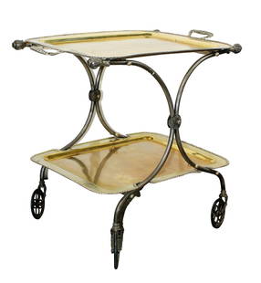 French 2-tier silver plated serving bar cart: French 2-tier silver plated serving bar cart. Removable tray. Early 20th century. 28 1/2"h x 30 1/2"w x 19 1/2"d