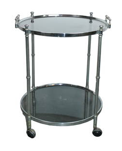 French stainless steel & tinted glass rolling bar cart: French stainless steel & tinted glass rolling bar cart. Mid 20th century. 24 1/2"h x 20 1/2"w x 19 1/2"d