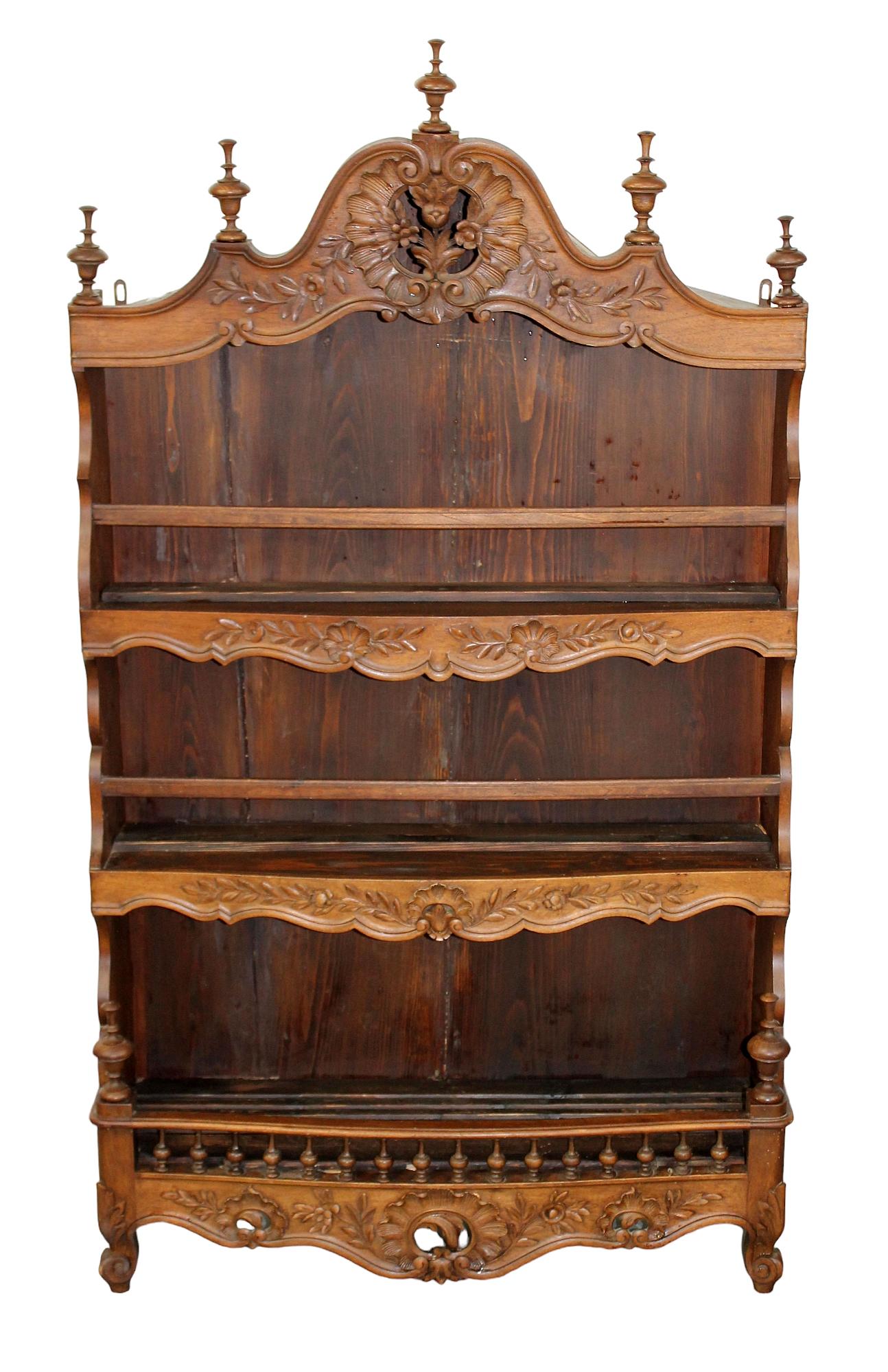 French Provincial carved walnut estanier open shelf cabinet (1 of 8)