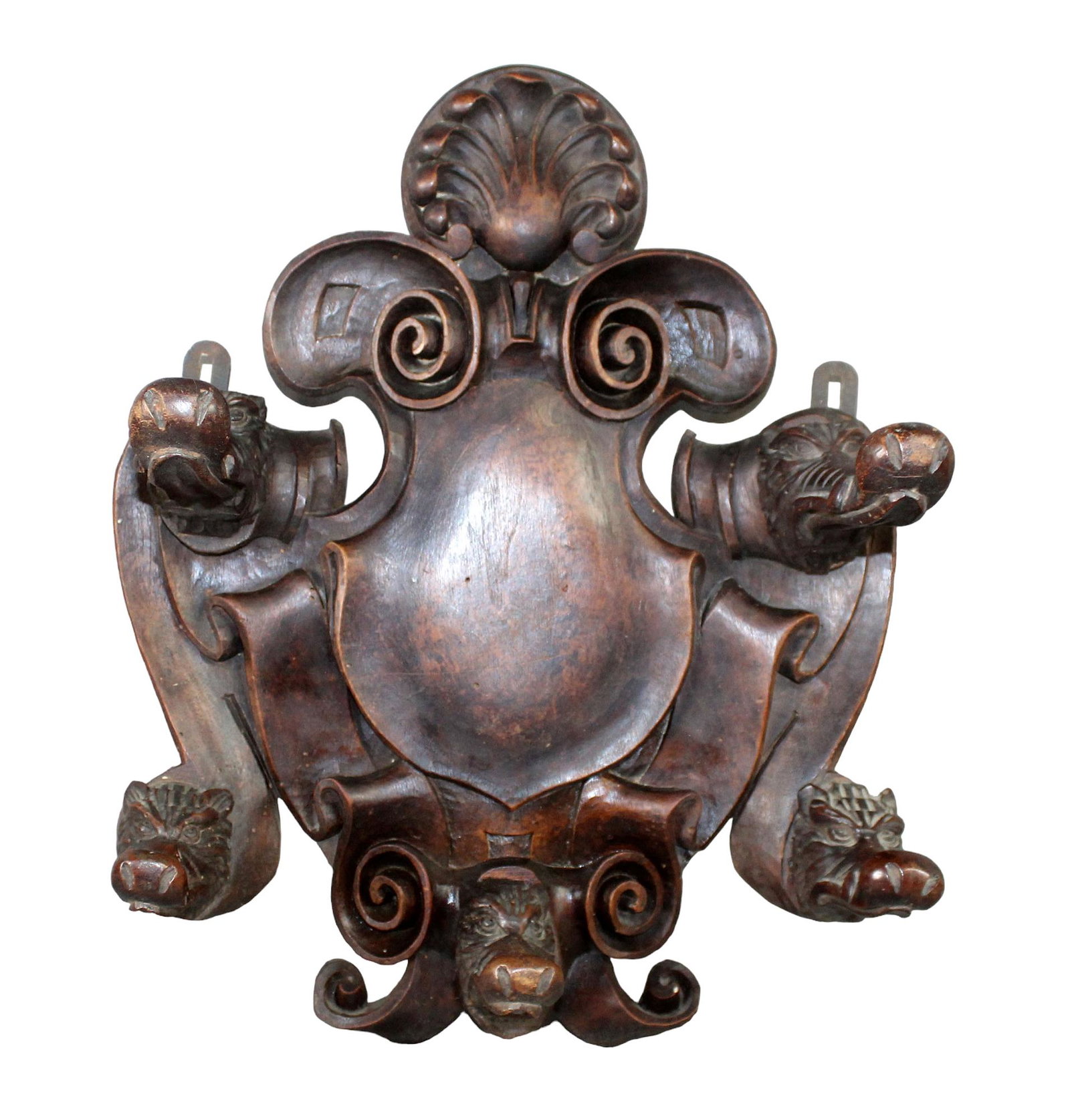 French wall mount hat rack with carved boar's heads (1 of 8)