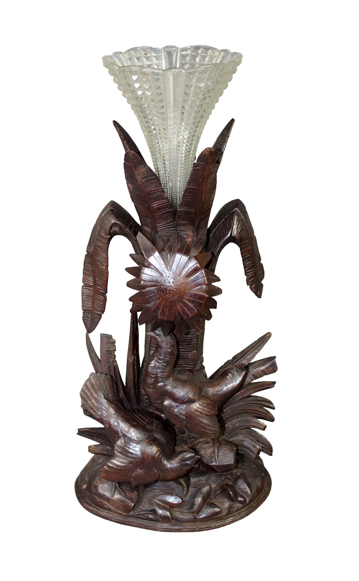 French Black Forest carved birds with crystal vase (1 of 11)