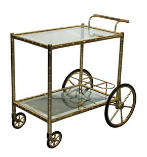 French brass & glass rolling tea cart: French brass & glass rolling tea cart . Mid 20th century. The overall dimensions are 31 1/4"h x 32"w x 19"d, the serving space dimensions are 26"h x 17"w.