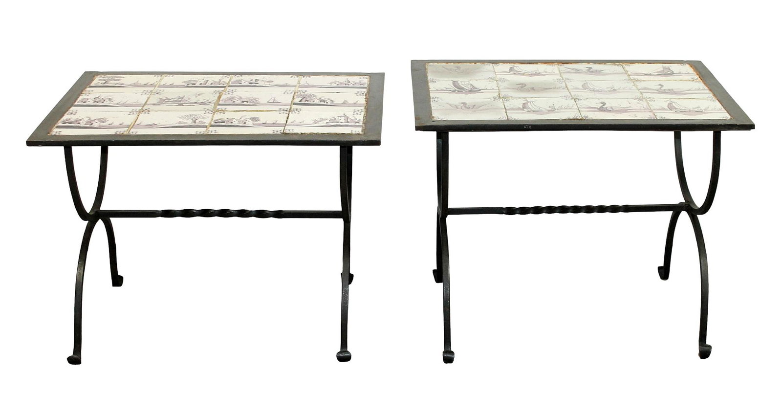 Companion pair of French hand painted tile and iron side tables (1 of 6)