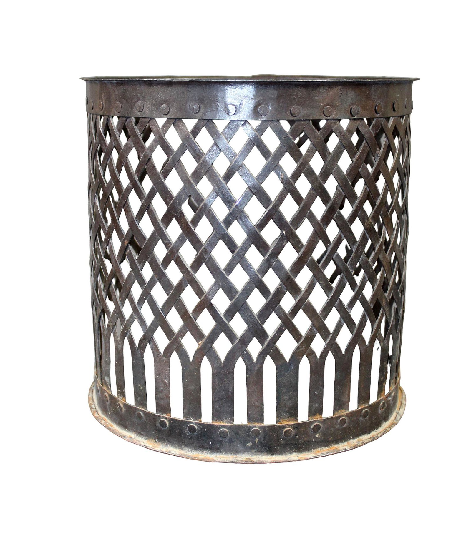 French Industrial riveted iron lattice basket: French industrial riveted iron lattice basket. Mid 20th century. 11" h x 11" diam