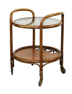 French bentwood round rolling bar cart with smokey glass: French bentwood round rolling bar cart with smokey glass. Mid 20th century. 31 1/2"h x 22 1/2"dia (serving height 26"h)