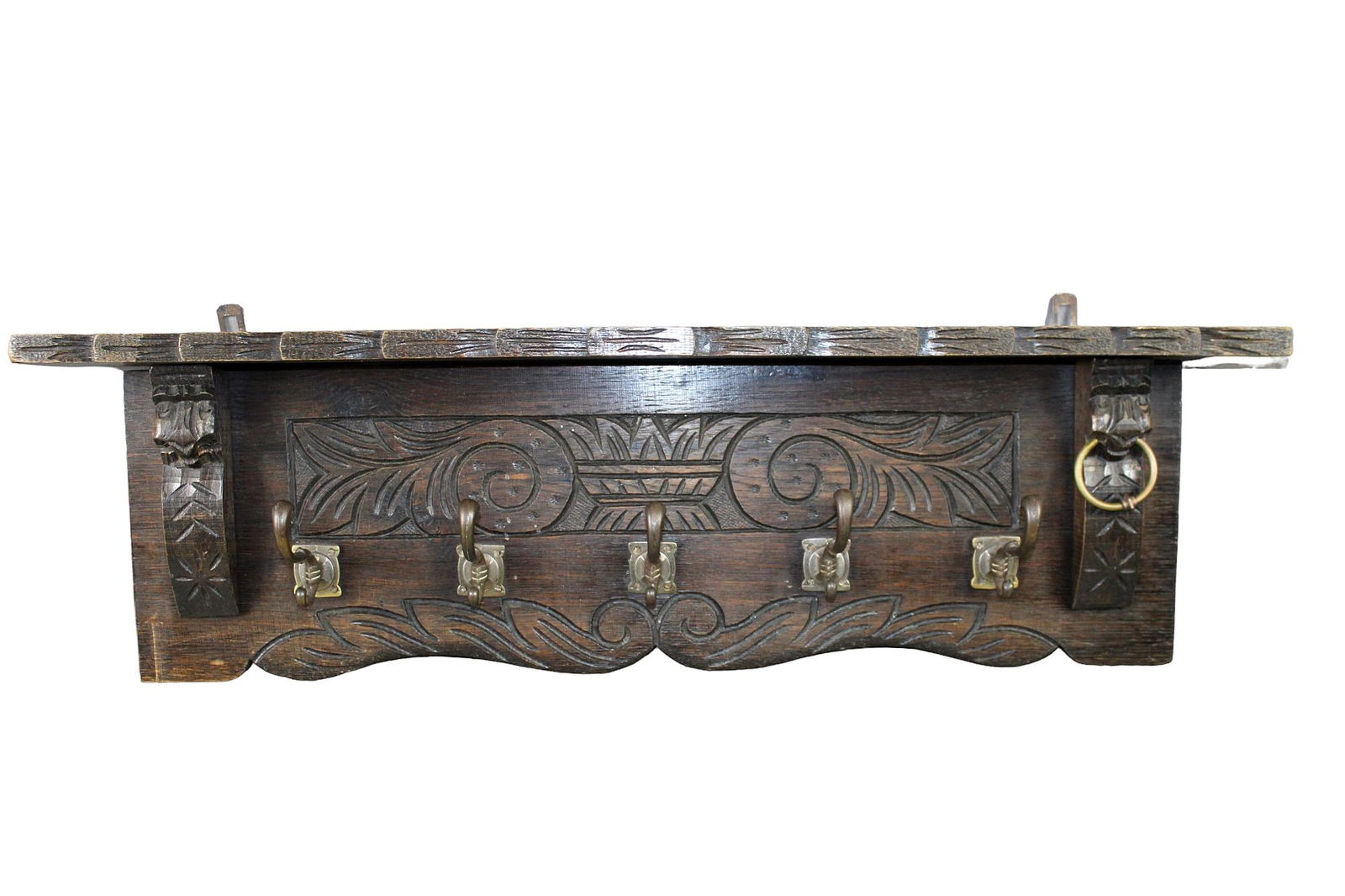 Carved oak wall mount coat rack (1 of 7)