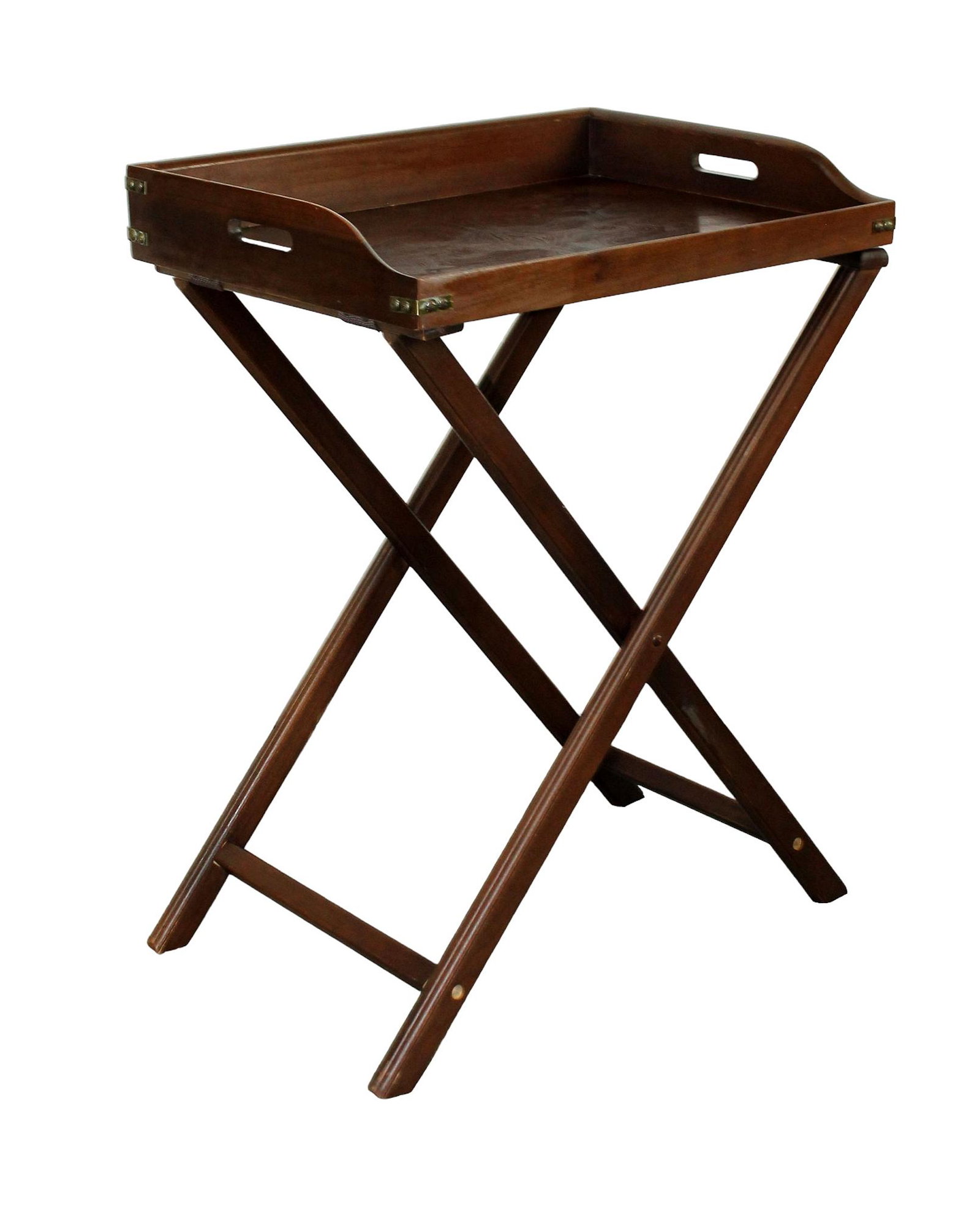 Burled elm campaign style tray on stand: Burled elm campaign style tray on stand. Late 20th century. 32 1/2"h x 24"w x 17 1/2"d