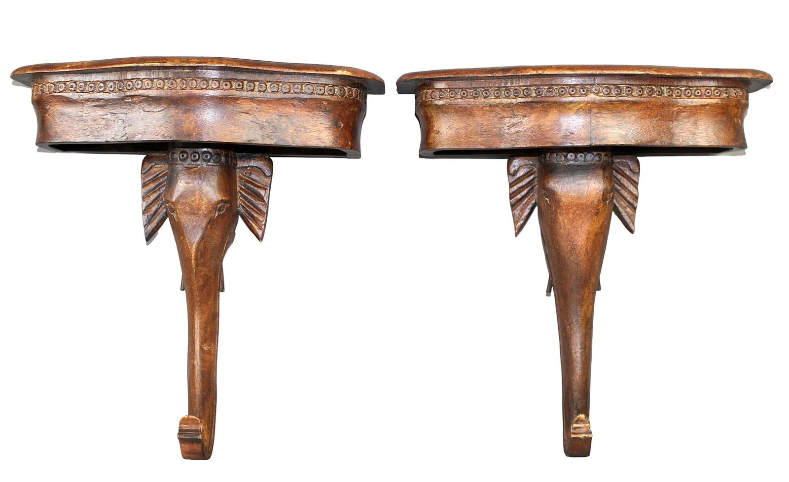 Pair of carved wood elephant form wall shelves (1 of 10)