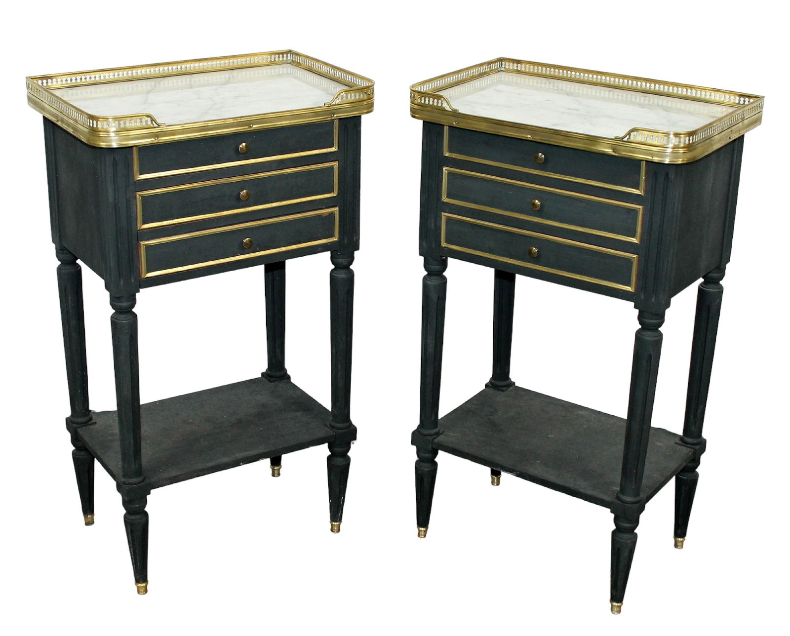 Pair of French Louis XVI ebonized night tables with marble top and brass gallery (1 of 10)